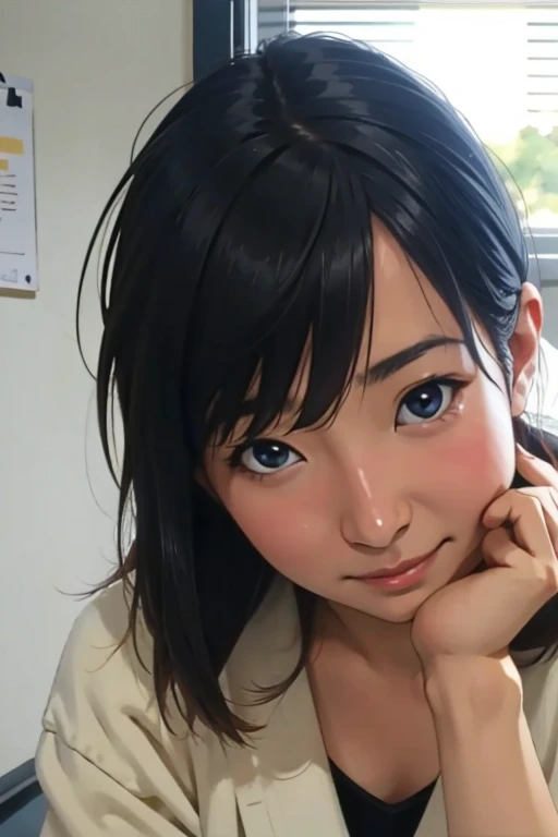 Risa, black haired japanese girl, sitting in classroom in , cute, beautiful, realistic style, highly detailed, 4k, look at camera, face close-up