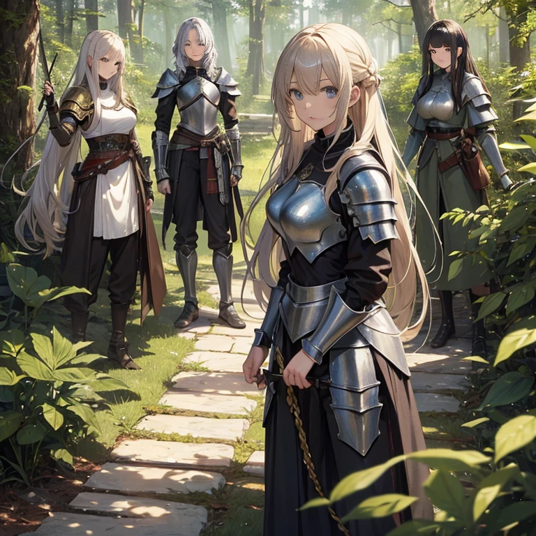 A group of female knights, (in forest), various hair styles, metal armor, harem, trousers, seducing, detailed face