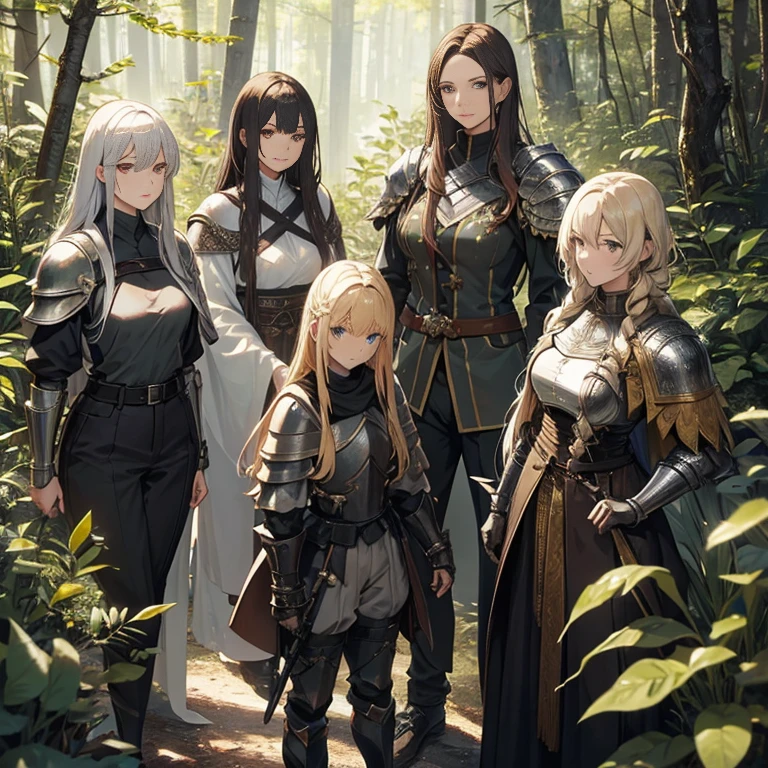 A group of female knights, (in forest), various hair styles, metal armor, harem, trousers, seducing, detailed face