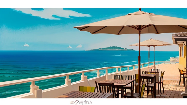 A view from the open terrace of a cafe with a sea view, in the style of Seizo Watase&#39;s paintings.
