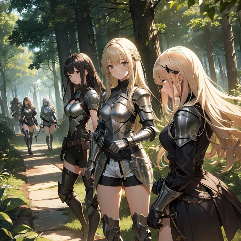A group of  female knights, (in forest), various hair styles, metal armor, harem, shorts, seducing, detailed face