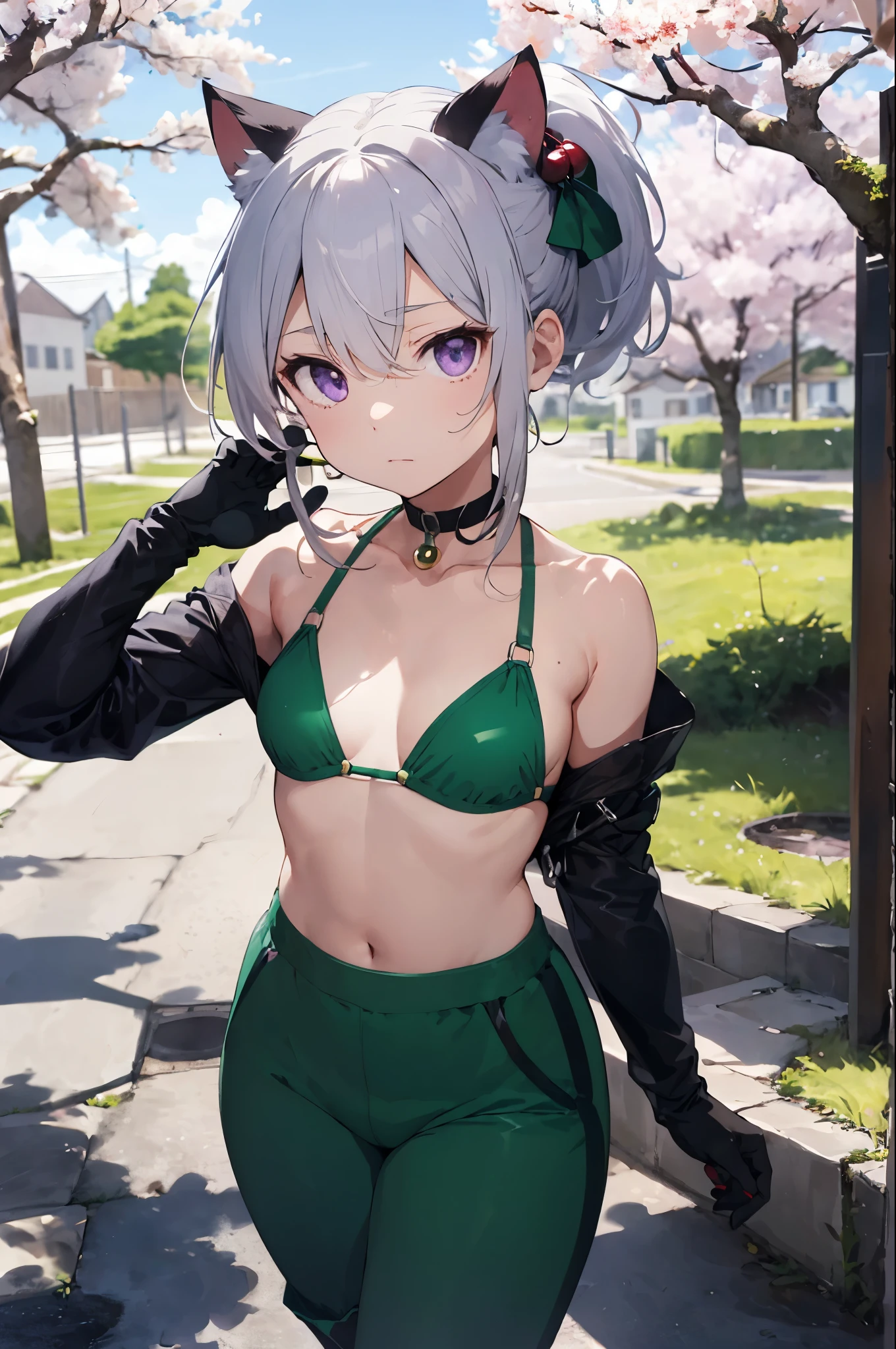 video angle, Depth of written boundary, (looking at the viewer), (right foreground: 1), (standing photo: 1),
cat ears girl, (alone),silver hair,(white skin:1), (Curvaceous:1.2), (wide hips:1.1), cat ears girl,
(cherry tree background), (cherry tree background: 1.4), (cherry tree background: 1.4),
(green clothes), (bare shoulders, Green Micro Bikini), (T-back pants: 1.2), (Glove armor: 1.2), sharp nails, Detailed corners, choker, thigh boots,
(ponytail, hair between eyes), (silver hairの), (purple eyes), (flat chest: 1.2),
No expression, stunned, sleepy,
seaweed, seaweed, seaweed, seaweed, seaweed, seaweed, seaweed, seaweed