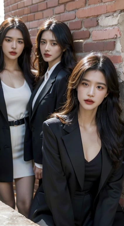 (best quality, high resolution, on the table:1.2), Super detailed, (actual, Realism:1.3 Like, Group photo of the three, (woman&#39;Group S, :1.2), wearing a suit, tics, sunglasses, Brick wall, leaning against wall, smokes, in group photo, movie lighting "Falling water multi creek wall background, Woman in Black, modern clothing, Dress neatly, Sexy, prohibit, shirt art, contempt, black robe, wasteland, old movie, high resolution皮肤, (movie lighting灯光: 1.2 ), Beautiful and delicate eyes, The facial details are very rich, best quality, fine hair, Exquisite facial features, is a perfect face, wide angle, realistically, broken movie, 4K, 8K, 32k, smokes, cinematic,Pretty woman,