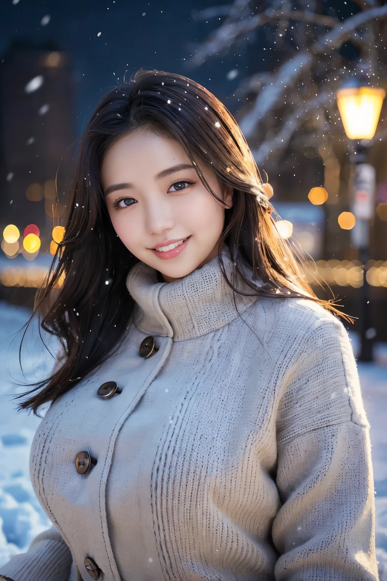 (highest quality、masterpiece、8K、best image quality、hyper realism、Award-winning work)、1 girl、(Perfect and elegant brown coat made of thick melton fabric:1.3)、perfect pink turtleneck knit sweater、(Wearing a knitted sweater under her coat:1.1)、Soft indirect lighting、Soft and delicate light、dramatic lighting effects、(huge breasts:1.2)、glamorous body、emphasize body line、Romantic snowy night city、Romantic Christmas illuminations、Beautiful night view of the snowy city、the biggest smile looking at me、fine sparkling snow、Beautiful snow reflecting light、Diamond dust、(Tyndall effect:1.1)、beautiful snow scene、(It&#39;s snowing:1.1)、(snow in hair:1.1)、accurate anatomy、(close up of face:1.1)、A beautiful lipstick with a glossy, natural color、natural makeup、glossy lips、Ultra high definition glossy skin、Ultra-HD radiant, beautiful skin、Moist and beautiful skin、beautiful skin glow、超高精細のglossy lips、Super high-definition sparkling eyes、(Super high definition beautiful perfect teeth:1.1)、Show your beautiful teeth and smile big、(Perfect beautiful teeth:1.1)