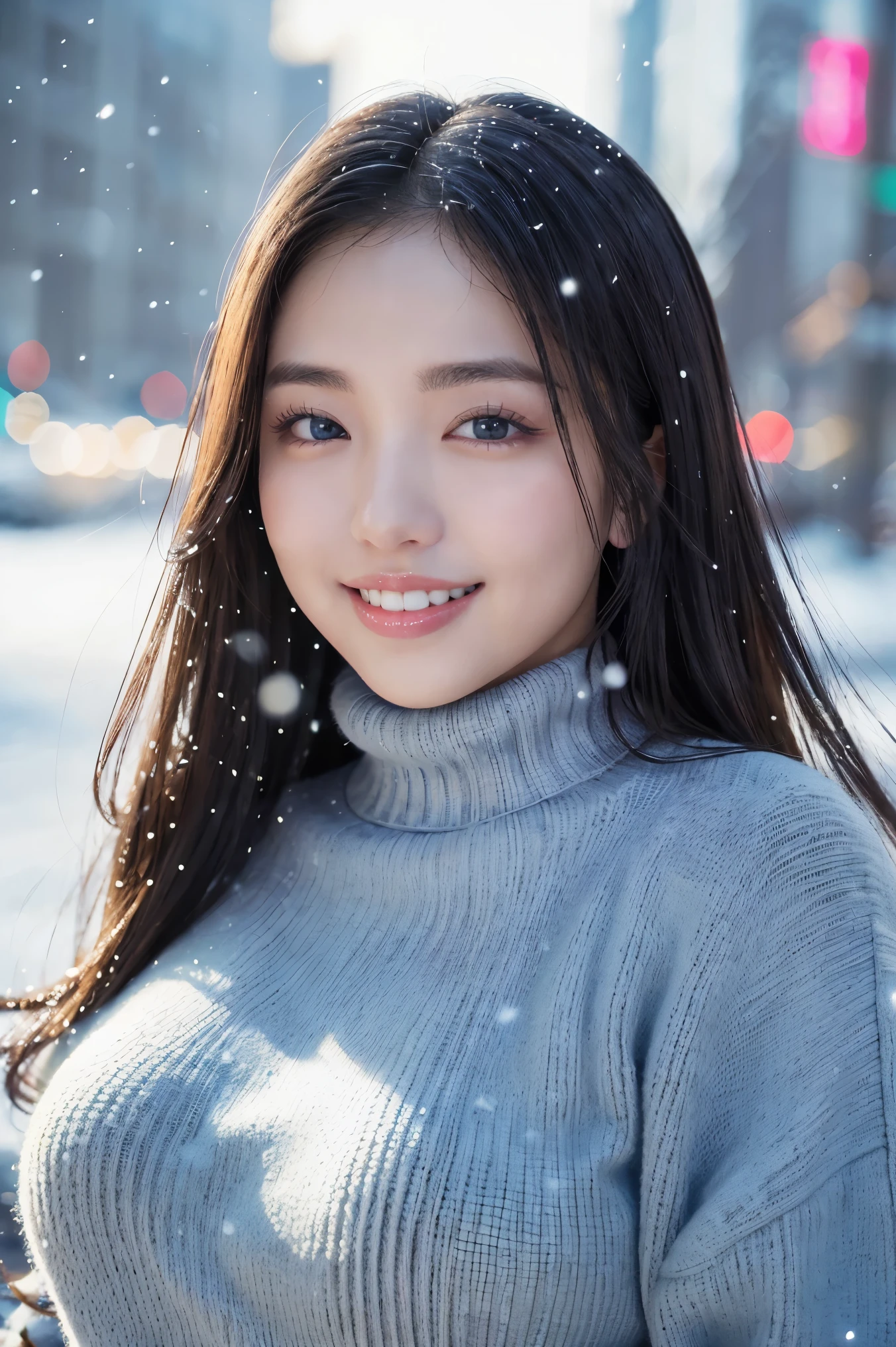 (highest quality、masterpiece、8K、best image quality、hyper realism、Award-winning work)、1 girl、(Perfect and classy thick melton coat:1.3)、(perfect pink turtleneck knit sweater:1.1)、(Wearing a knitted sweater under her coat:1.1)、Soft indirect lighting、Soft and delicate light、dramatic lighting effects、(huge breasts:1.2)、glamorous body、emphasize body line、Romantic snowy night city、Romantic Christmas illuminations、Beautiful night view of the snowy city、the biggest smile looking at me、fine sparkling snow、Beautiful snow reflecting light、Diamond dust、(Tyndall effect:1.1)、beautiful snow scene、(It's snowing:1.1)、(snow in hair:1.1)、accurate anatomy、(close up of face:1.1)、A beautiful lipstick with a glossy, natural color、natural makeup、glossy lips、Ultra high definition glossy skin、Ultra-HD radiant, beautiful skin、Moist and beautiful skin、beautiful skin glow、超高精細のglossy lips、Super high-definition sparkling eyes、(Super high definition beautiful perfect teeth:1.1)、Show your beautiful teeth and smile big、(Perfect beautiful teeth:1.1)