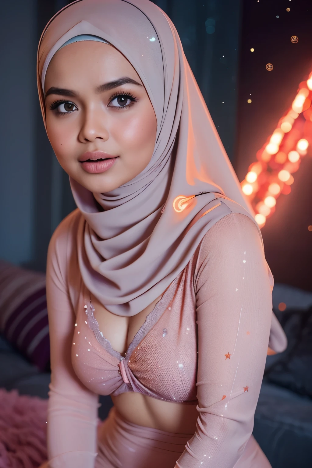 A compelling greyscale pencil drawing portraying, ((Open mouth)), Tiny (Wearing Lingerie), (((HIJAB MALAY GIRL))), masutepiece, High quality, UHD 32K, Realistic face, Realistic skin feeling , A Malay Lady, , , Very cute and baby-like face, (((FLAT CHEST))), (MATRIX WORLD), ((look In front at the camera and SADNESS)), ((())), (((CUTE GIRL))), ((Nude Orange fluorescence)), ((CHUBBY)), (undress), Lolican Tininy. (Nude purple fluorescence), straddling, twinkling star background,