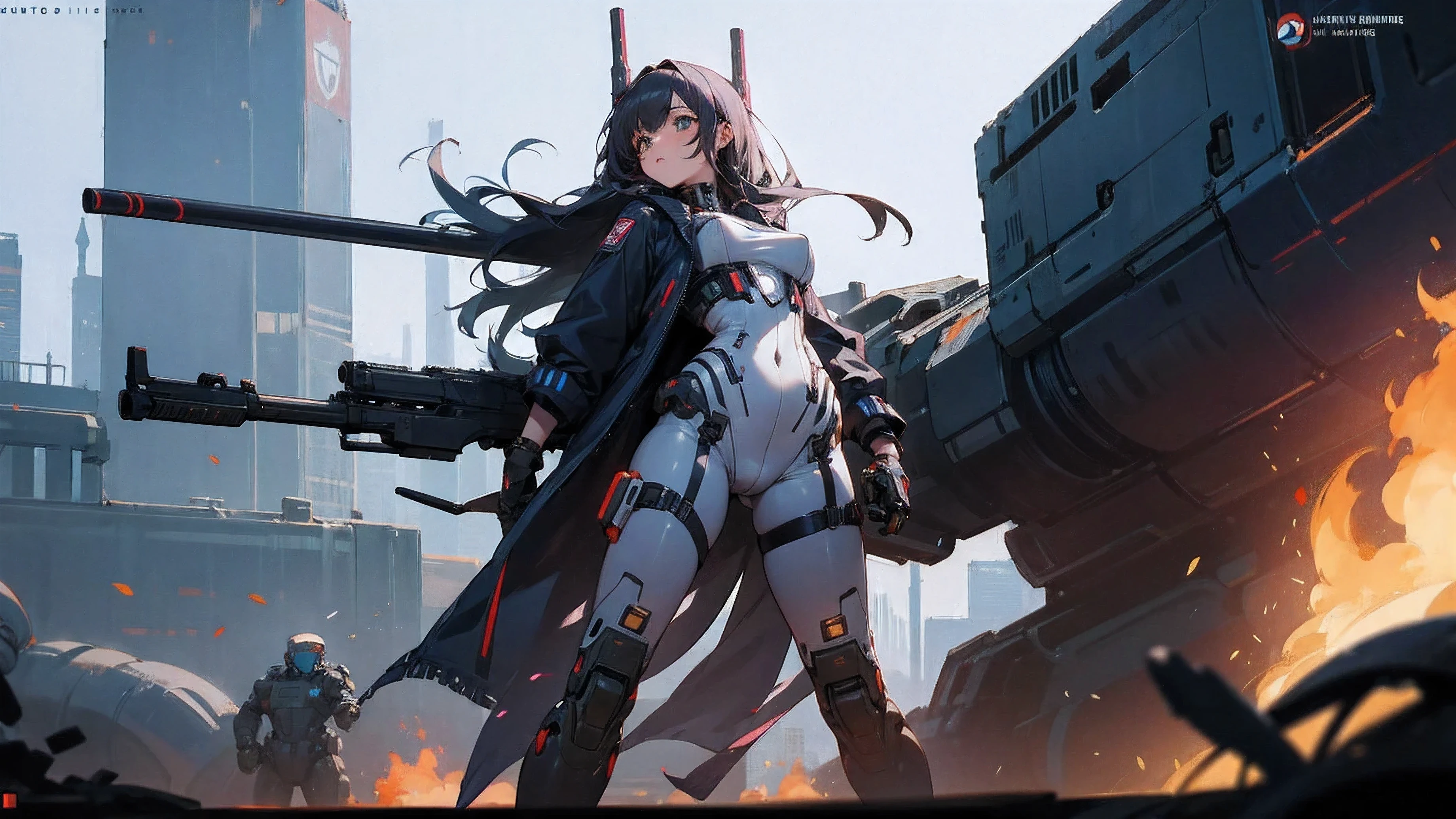 Create an image of big thighs girl with holding gun and wearing robotics suit standing, apocalypse,cyber city, futuristic,gaming