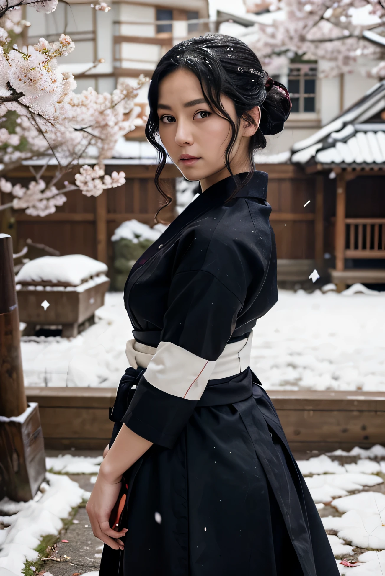 Describe a Japanese character with short, curly black hair. Her eyes are heterochromatic, with the left one being a dark red and the right one a dark blue. She has fair skin. She wears a samurai outfit from the Muromachi era, with the top being white and black hakama. In the background, there is a cherry blossom tree with falling petals and the ground covered in snow.