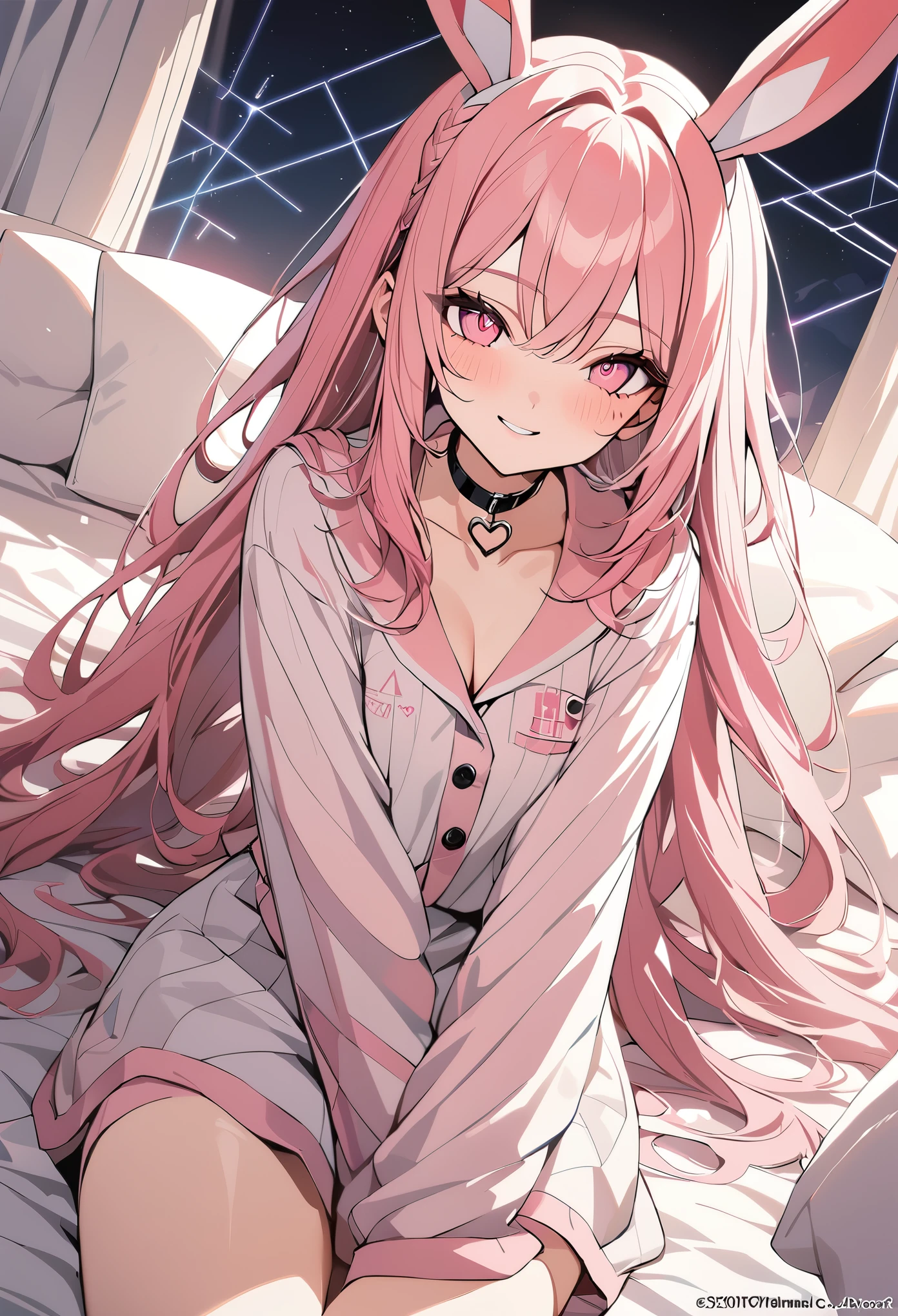 1 girl, pink long hair, heart shaped eyes,Bunny ears, {Pink semi-long hairの女の子、 The name Nami}, (Pink eye color), {night、nightの寝室、bed、pajamas}, (smile) , mole under eye, heart shaped choker, (masterpiece, highest quality), very detailed, highest quality, official art, beautiful and aesthetic: 1.2), (1 girl), very detailed, (geometry art: 1.3), colorful, most detailed ?d1 girl, Pink semi-long hair, Eye of the symbol, {A girl with long pink bun hair The name Nami}, (Pink eye color), (smile),mole under eye, heart shaped choker, (masterpiece, highest quality), official art, beautiful and aesthetic: 1.2), (1 girl), very detailed, (geometry art: 1.3), colorful