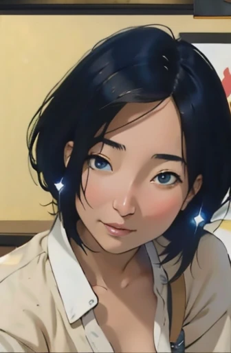 Risa, black haired japanese girl, short black hair, sitting in classroom in uniform , cute, beautiful, realistic style, highly detailed, 4k, look at camera, face close-up, ((golden ratio, center frame)), (((RISA))), face in center of picture ((NUDE))