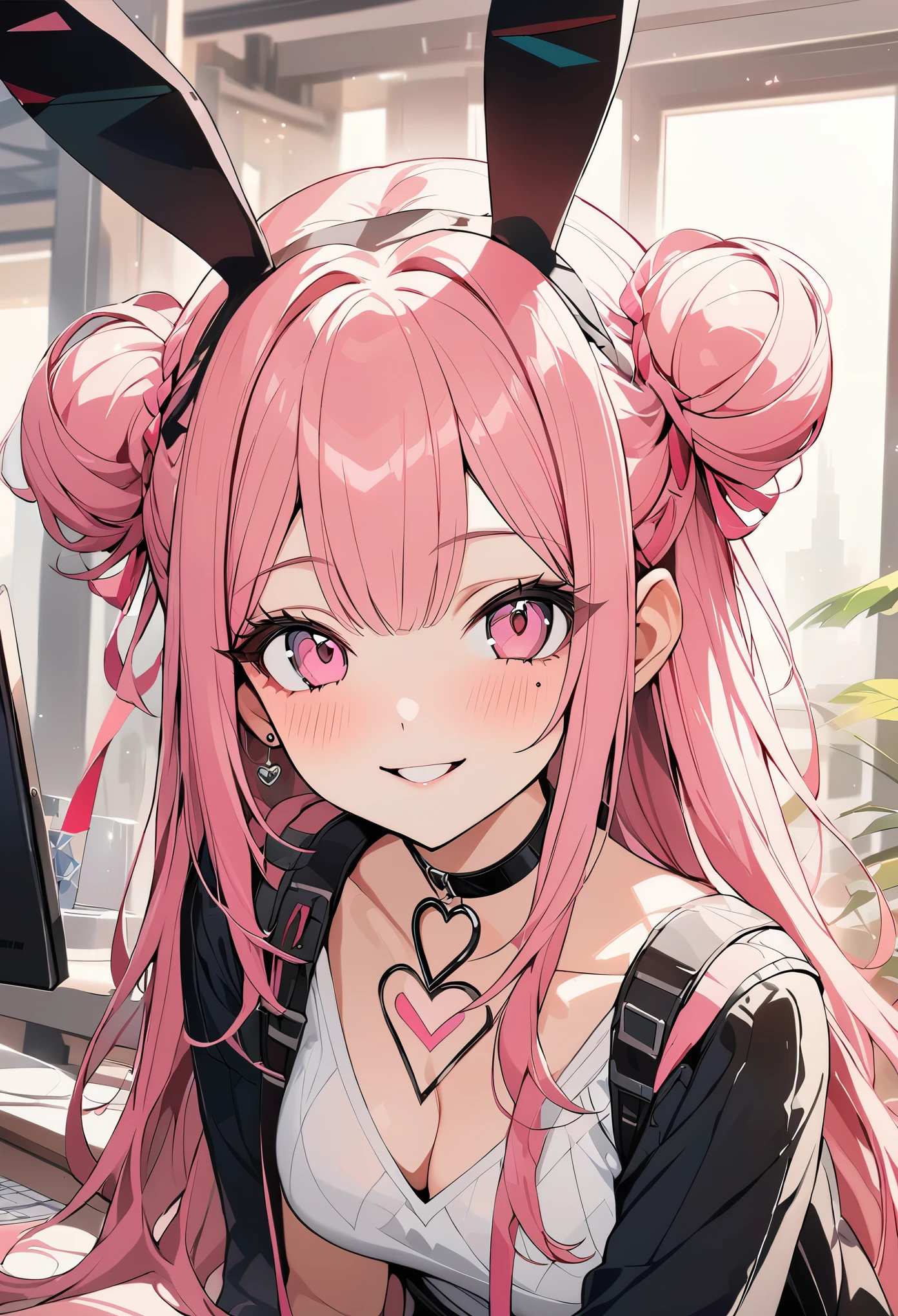 1 girl, pink long hair, heart shaped eyes,Bunny ears, {Pink semi-long hairの女の子、 The name Nami}, (Pink eye color), {office、Business service、disk、computer、coffee}, (smile), bright background , mole under eye, heart shaped choker, (masterpiece, highest quality), very detailed, highest quality, official art, beautiful and aesthetic: 1.2), (1 girl), very detailed, (geometry art: 1.3), colorful, most detailed ?d1 girl, Pink semi-long hair, Eye of the symbol, {A girl with long pink bun hair The name Nami}, (Pink eye color), mole under eye, heart shaped choker, (masterpiece, highest quality), official art, beautiful and aesthetic: 1.2), (1 girl), very detailed, (geometry art: 1.3), colorful