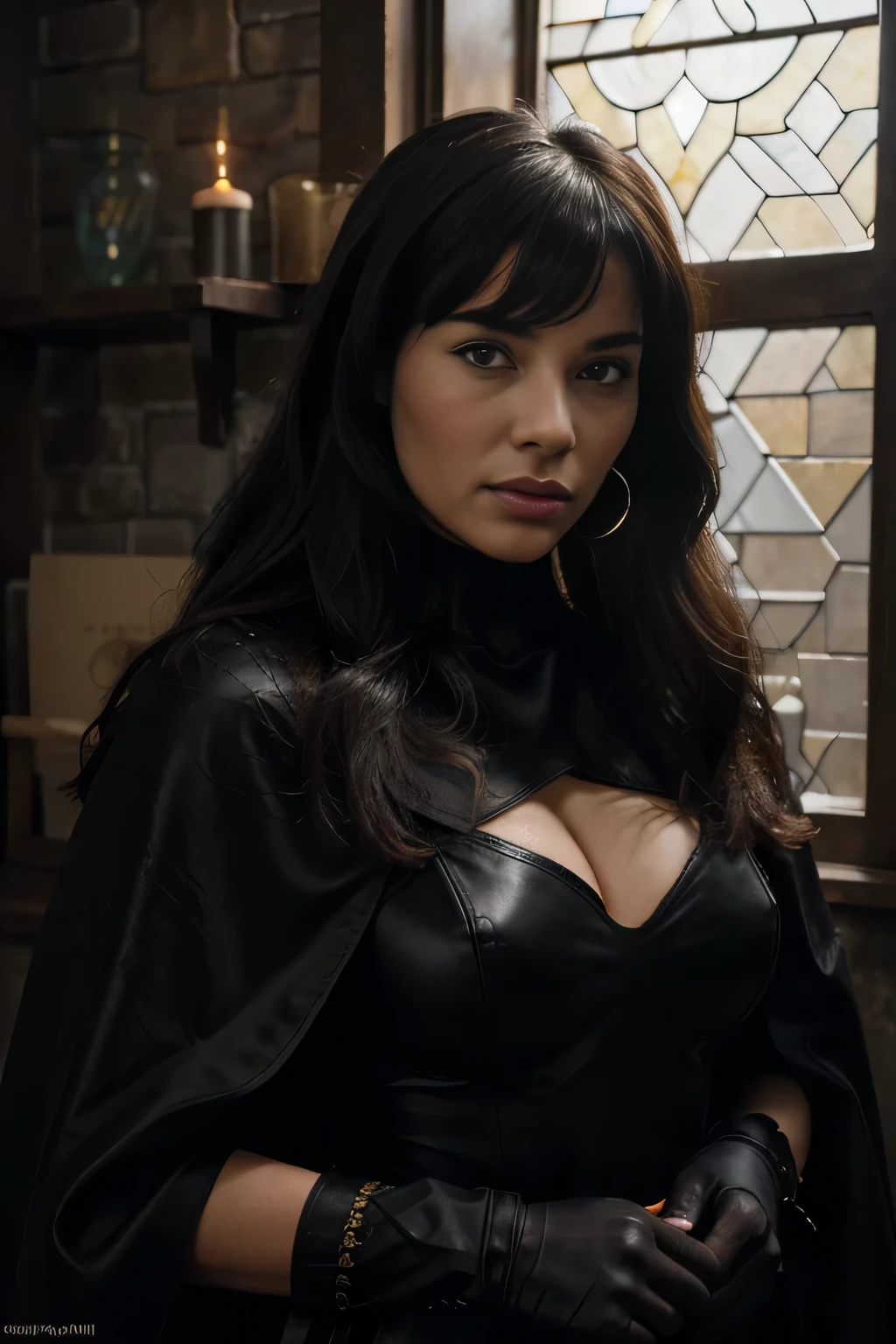 Foto hiperrealista en de Bettie Page, intelligent sensual smiling, leather gloves,Create dystopian masterpieces. as a witcher, scene from the Witcher movie, the entire figure dressed in witcher style, large very long black cloth cloak, iperdetailed fine black cloack gloves, hands over her hair in a ponytail, outside of medieval inn, beautiful woman, skinny, small breasts, straight brown hair, detailed face, photo taken from a distance, age 20 tears old