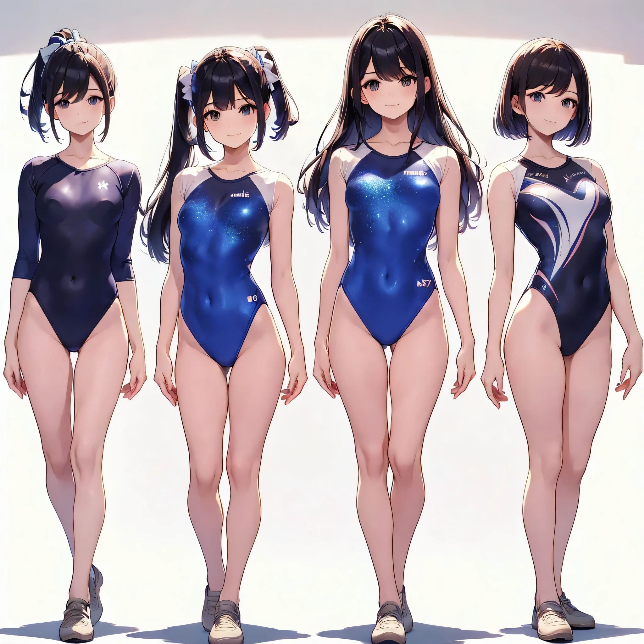 ((full body)),(masterpiece, best quality), (3 girls1.5) ,((Contrapposto:1.5)), looking at viewer, walking,((v_arms:1.2)), (wearing gymnastics_longsleeves_leotard_outfit leotard:1.3),(blue leotard) ,(galaxy print:1.3), BREAK masterpiece black hair, ((long hair:1.2)), ((parted bangs:1.3)), black eyes, good hand, ((small breasts)), (over 20 years old, under 25 years old:1.2), , spotlight, happy, smile, BREAK in the class room