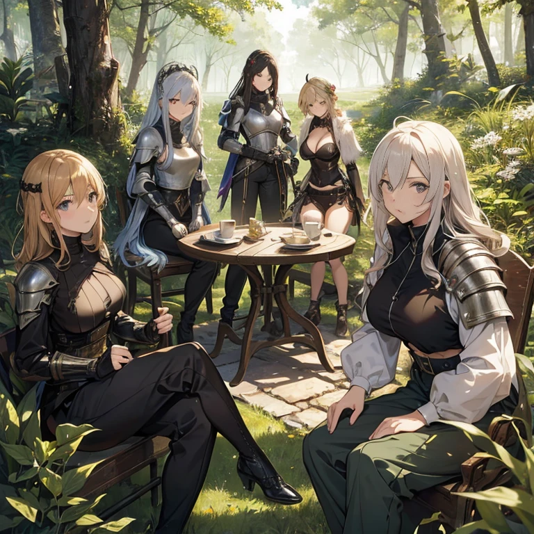 A group of female knights, (in forest), various hair styles, metal armor, harem, trousers, seducing, detailed face