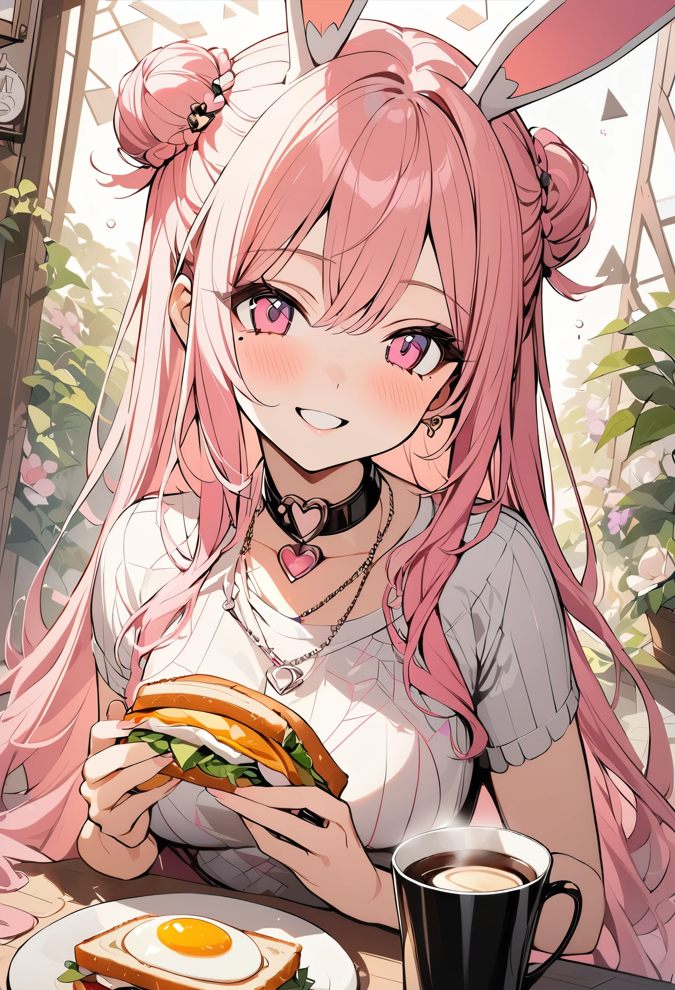 1 girl, pink long hair, heart shaped eyes,Bunny ears, {Pink semi-long hairの女の子、 The name Nami}, (Pink eye color), {breakfast、fried egg、sandwich、coffee}, (smile), bright background , mole under eye, heart shaped choker, (masterpiece, highest quality), very detailed, highest quality, official art, beautiful and aesthetic: 1.2), (1 girl), very detailed, (geometry art: 1.3), colorful, most detailed ?d1 girl, Pink semi-long hair, Eye of the symbol,  {A girl with long pink bun hair The name Nami}, (Pink eye color), {breakfast、fried egg、sandwich、coffee}, (smile), bright background, （garden,beautiful flower々）,mole under eye, heart shaped choker, (masterpiece, highest quality), official art, beautiful and aesthetic: 1.2), (1 girl), very detailed, (geometry art: 1.3), colorful
