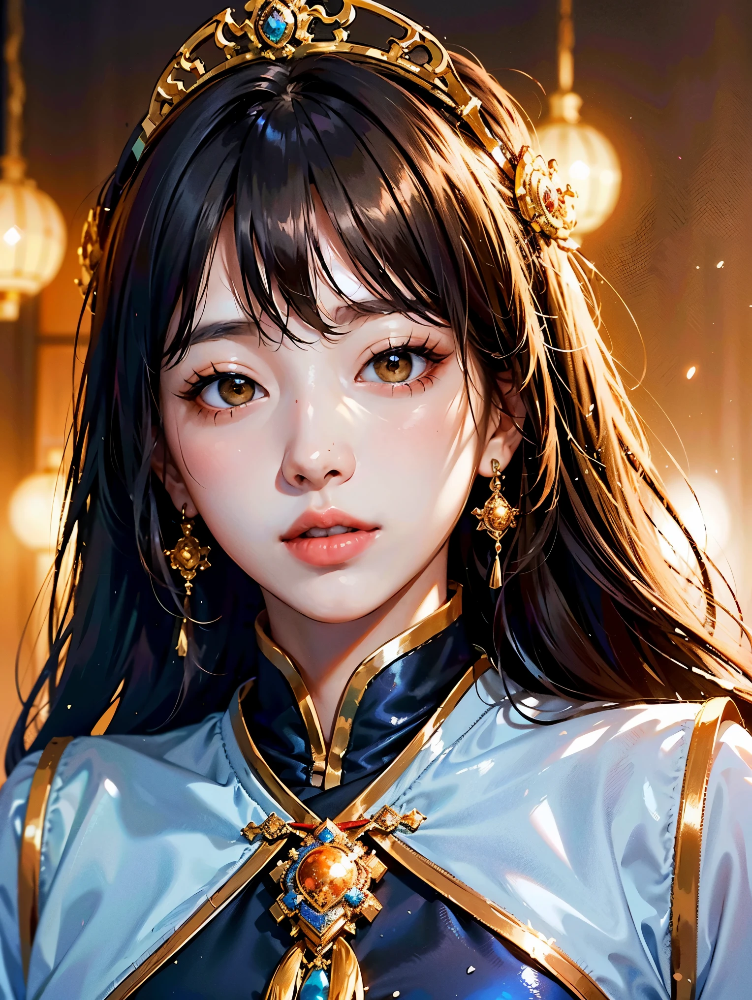 best quality, masterpiece, highres,1girl,Beautiful face,chinese empress attire, jewelry, out of space, big bright star, semi close-up