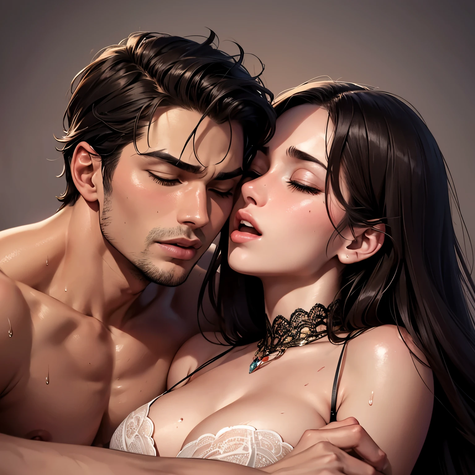 Man and woman passionately making out with each other, arms wrapped each other's body tightly, man kissing woman's neck, woman tilting her head in pleasure, moaning, pleasure, eyes closed, mouth open, dim lighting, very sexy, hot, both sweating, very lustful