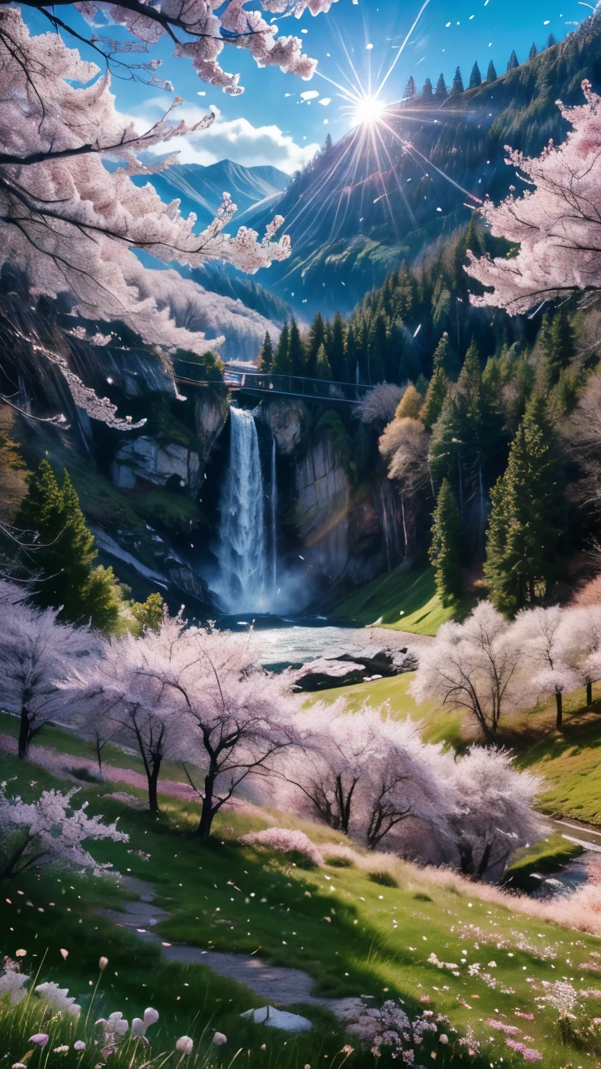 ((LOGO, AMAZING, 8K, TABLETOP, RAW PHOTO, Awesome, Top Quality, Photorealistic and Highly Detailed CG Integrated 8K Wallpaper, High Quality, Highly Detailed, Narrative Verse, Particle Effects, Dynamic Effects, Text Border Depth, Cinematic Light, Lens Flare, Ray Tracing, Tabletop, Real: 1.4, Ultra HD: 1.2, Real, Real)), Fantasy, Anatomically Correct, Wind, Beauty of Mountains and Forests and shine, the world's silence and beauty of the meadow, the vast land, the lakeside, the wonderful scenery, the beautiful natural scenery, the wind, the cherry blossoms, the cherry blossom petals are dancing, the cherry blossom blizzard, the falling petals.