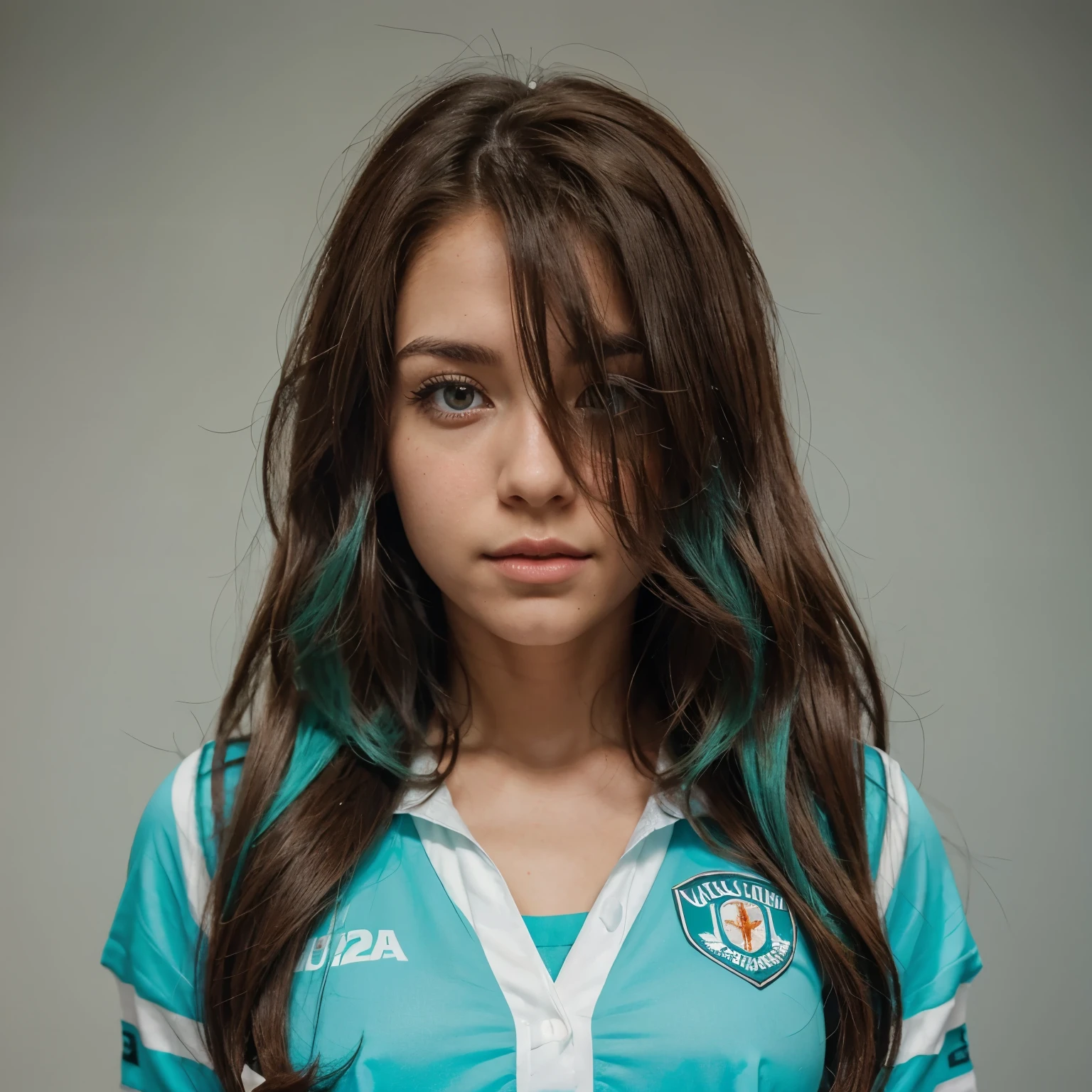 Create the image of a brunette girl with long curly brown hair with an aqua color gradient.,con el uniforme de la U.A al estilo del anime my hero academia,