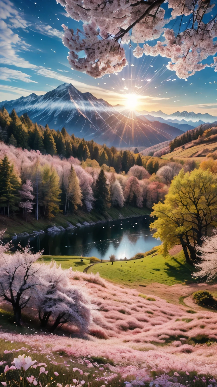 ((LOGO, AMAZING, 8K, TABLETOP, RAW PHOTO, Awesome, Top Quality, Photorealistic and Highly Detailed CG Integrated 8K Wallpaper, High Quality, Highly Detailed, Narrative Verse, Particle Effects, Dynamic Effects, Text Border Depth, Cinematic Light, Lens Flare, Ray Tracing, Tabletop, Real: 1.4, Ultra HD: 1.2, Real, Real)), Fantasy, Anatomically Correct, Wind, Beauty of Mountains and Forests and shine, the world's silence and beauty of the meadow, the vast land, the lakeside, the wonderful scenery, the beautiful natural scenery, the wind, the cherry blossoms, the cherry blossom petals are dancing, the cherry blossom blizzard, the falling petals.
