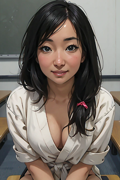 Risa, black haired japanese girl, sitting in classroom in , cute, beautiful, realistic style, highly detailed, 4k, look at camera, face close-up, (NUDE)