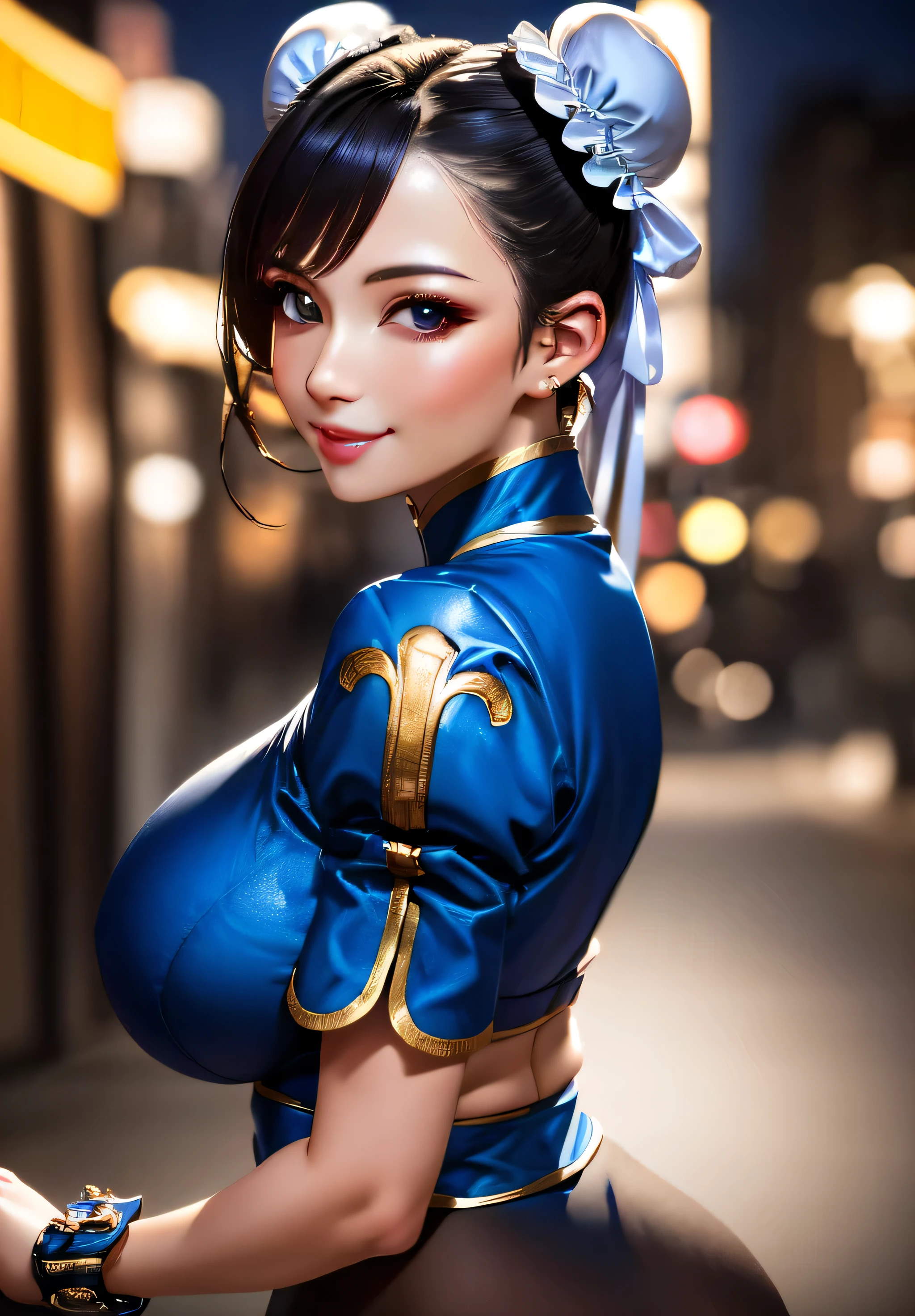 (Photo:1.3), highdetail, chun-li, 1girl, solo, smirk,, (seductive, alluring, charming:1.3), (ultra-high res, high details, absurdres:1.3) standing, upper body, evil smile, night club, (insanely detailed, beautiful detailed face,beautiful detailed eyes, masterpiece, best quality) , solo, large breasts, huge breasts, big breasts, big ass, head in frame, huge ass
