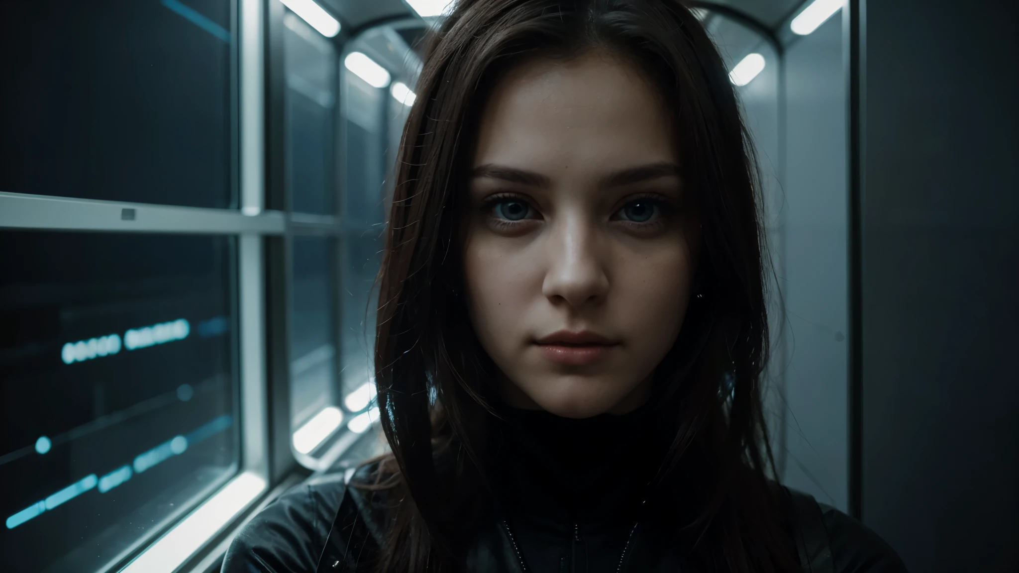 The hacker's eyes are like windows into another dimension, reflecting the endless possibilities of the digital realm. Her thin lips hold secrets that could change the world, if only she chooses to share them.