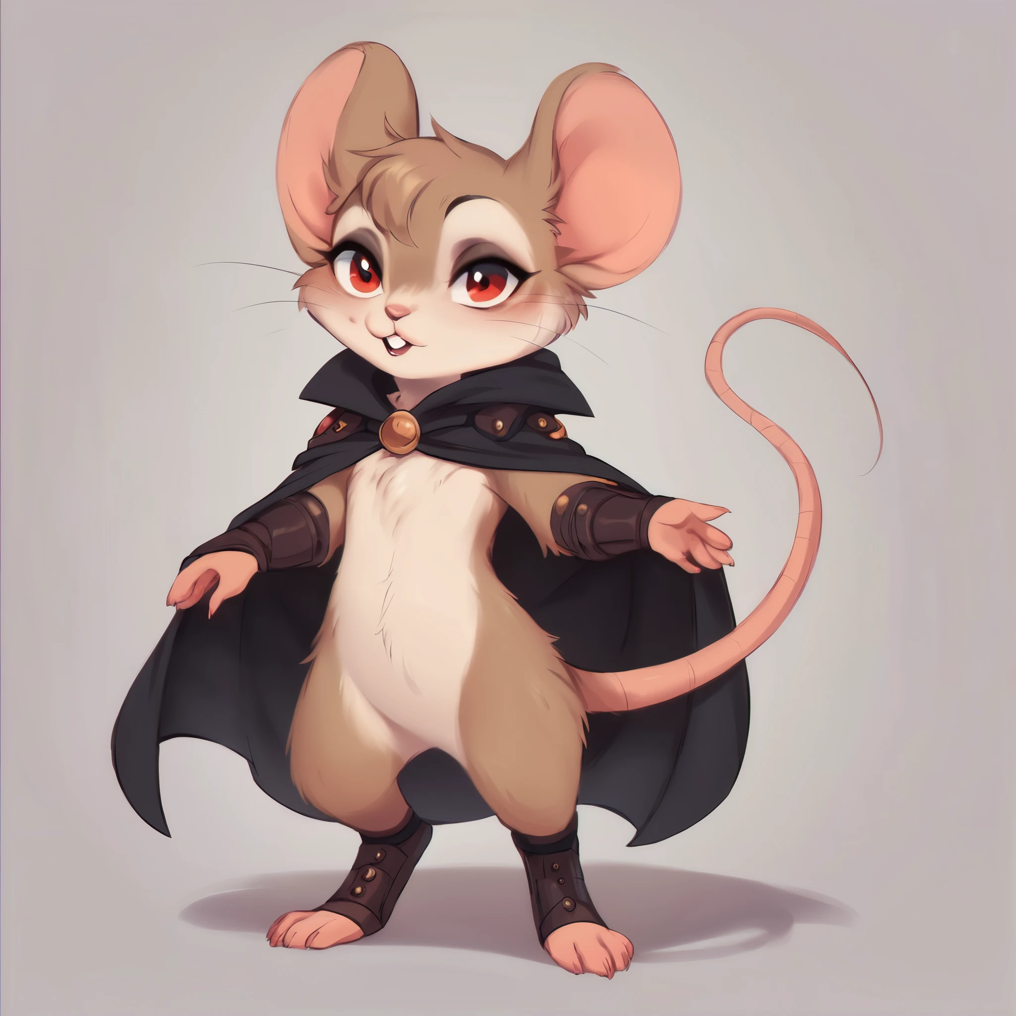 score_9, score_8_up, score_7_up, score_6_up, score_5_up, score_4_up, show accurate, full body, hungry body, simple background, (solo), (semi anthro), mouse, female mouse, fur body, ultra fine fur, standing, red eyes, (light brown dull fur), black color open cape, arm guard made leather, thief appearance,