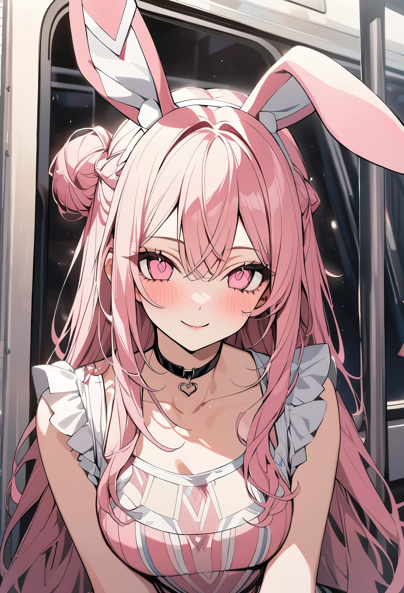 1 girl, pink long hair, heart shaped eyes,Bunny ears, {Pink semi-long hairの女の子、 The name Nami}, (Pink eye color), {After work、train}, (smile), station、train , mole under eye, heart shaped choker, (masterpiece, highest quality), very detailed, highest quality, official art, beautiful and aesthetic: 1.2), (1 girl), very detailed, (geometry art: 1.3), colorful, most detailed ?d1 girl, Pink semi-long hair, Eye of the symbol, {A girl with long pink bun hair The name Nami}, (Pink eye color), mole under eye, heart shaped choker, (masterpiece, highest quality), official art, beautiful and aesthetic: 1.2), (1 girl), very detailed, (geometry art: 1.3), colorful