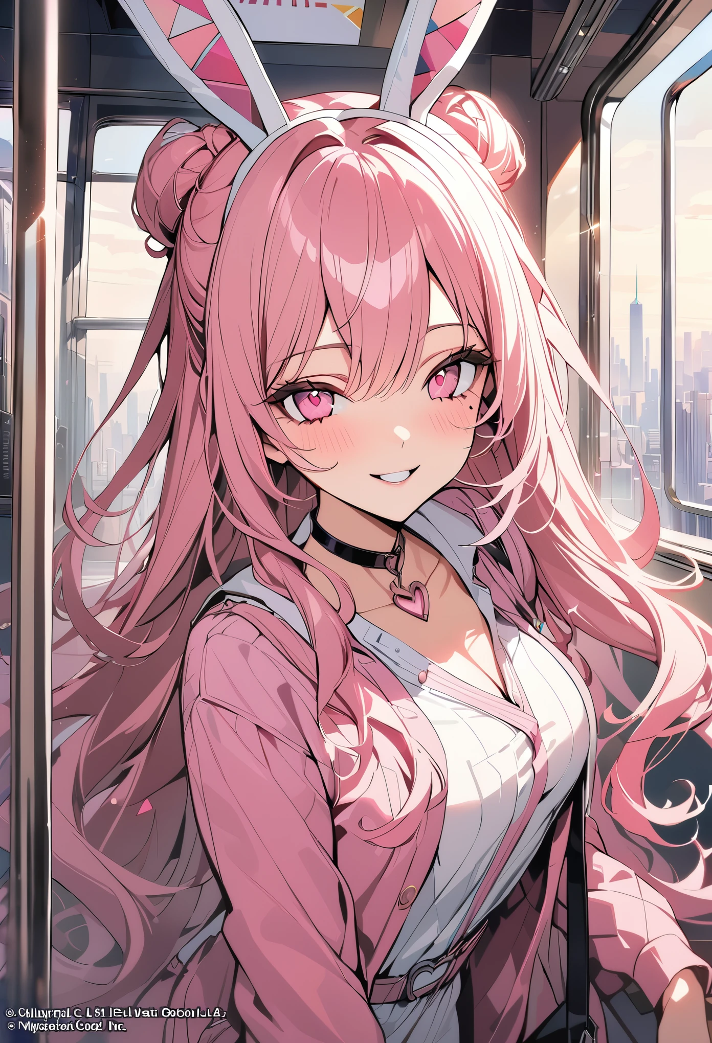 1 girl, pink long hair, heart shaped eyes,Bunny ears, {Pink semi-long hairの女の子、 The name Nami}, (Pink eye color), {After work、train}, (smile), station、train , mole under eye, heart shaped choker, (masterpiece, highest quality), very detailed, highest quality, official art, beautiful and aesthetic: 1.2), (1 girl), very detailed, (geometry art: 1.3), colorful, most detailed ?d1 girl, Pink semi-long hair, Eye of the symbol, {A girl with long pink bun hair The name Nami}, (Pink eye color), mole under eye, heart shaped choker, (masterpiece, highest quality), official art, beautiful and aesthetic: 1.2), (1 girl), very detailed, (geometry art: 1.3), colorful