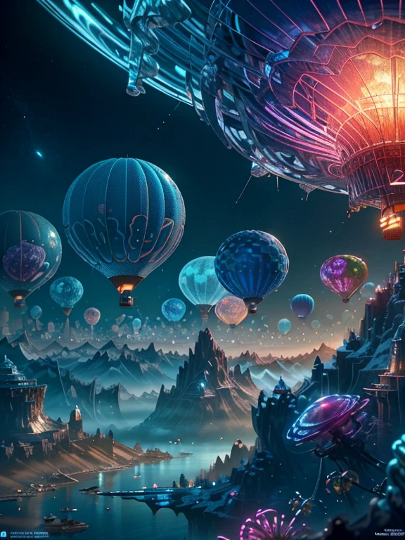 The transparent and ethereal hot air balloon glows blue,Futuristic hot air balloon in the shape of a jellyfish,blueglow,In a stunning fantasy world, A hot air balloon over a futuristic city,Retro cyberpunk,(Extremely detailed CG unified wallpaper), Abstract stylized beauty,surrealism, Super detail, Best quality, Award-Awarded, Anatomically correct, 16k, Super detail,Epic futuristic science fiction,8K highly detailed digital art, Amazing wallpapers, epic fantasy sci fi illustration, 8K high quality detailed art, colorful concept art, Cute, detailed fantasy digital art, colorfull digital fantasy art, 8K highly detailed digital art, Detailed digital 3D fantasy art, surreal concept art, whimsical fantasy landscape art, fantasy cityscape
