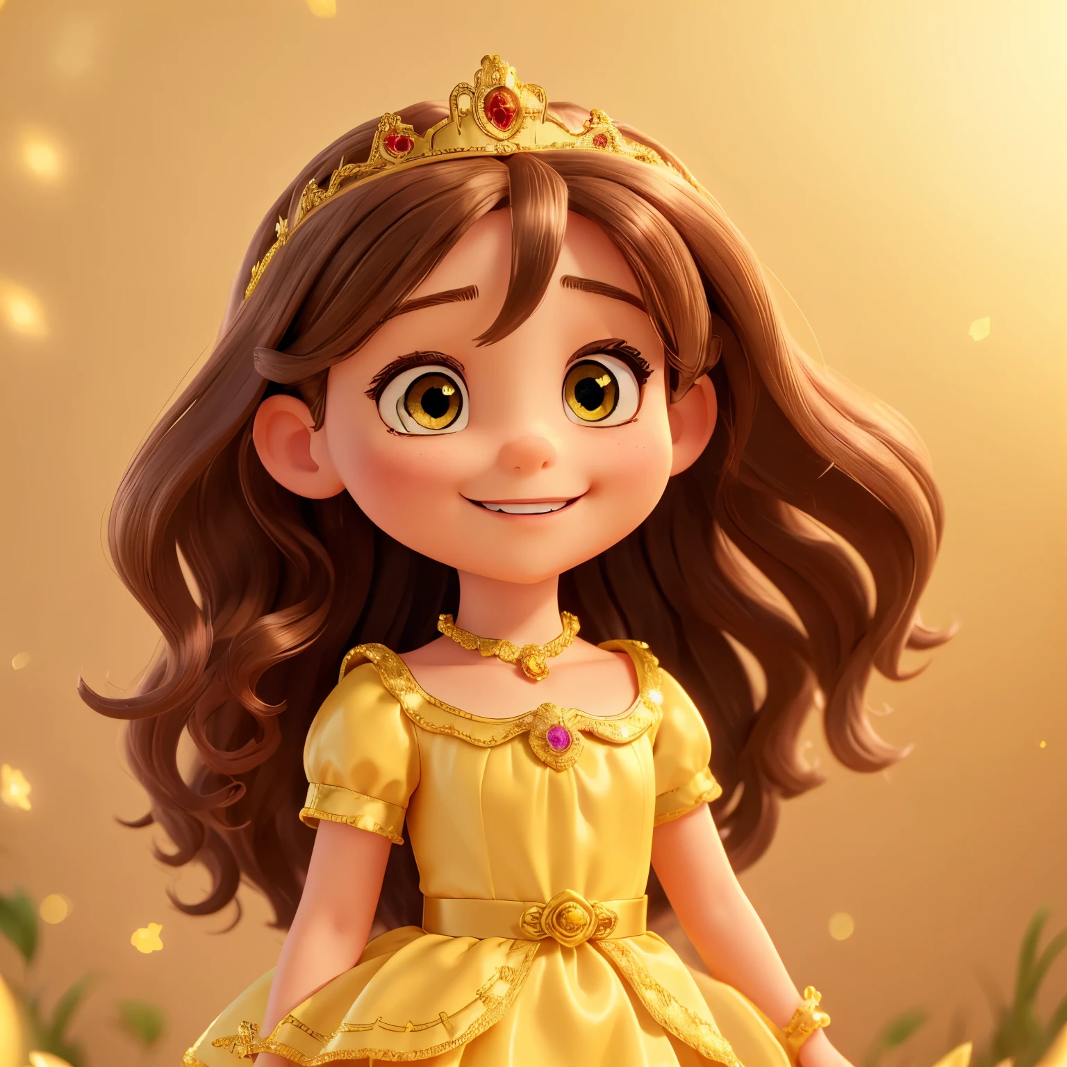 (best quality,4k,highres:1.2),ultra-detailed,realistic,beautiful detailed dark eyes,long curled light brown hair,beautiful detailed smiling lips,girl (5 ),yellow princess dress with sparkles,white background