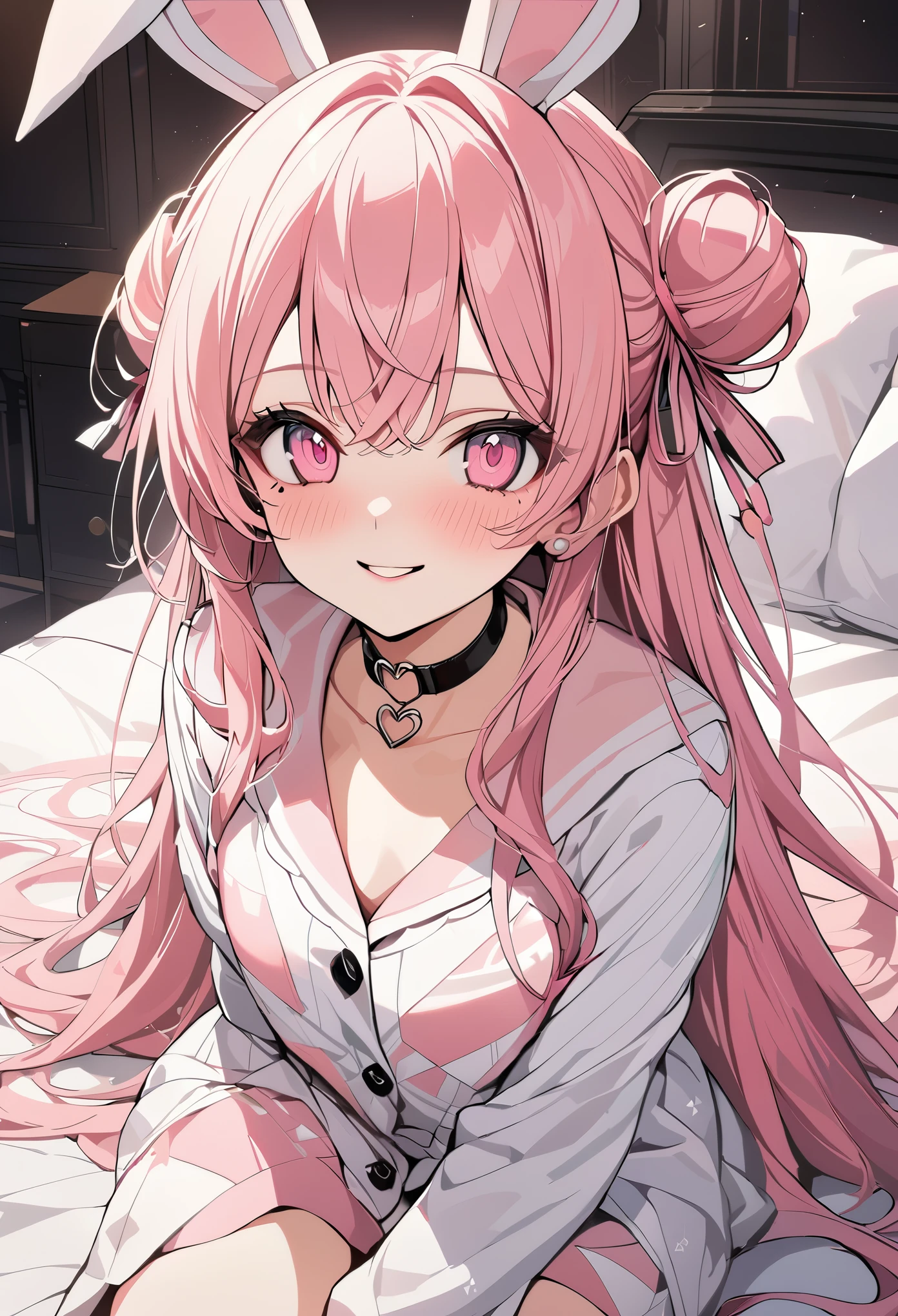 1 girl, pink long hair, heart shaped eyes,Bunny ears, {Pink semi-long hairの女の子、 The name Nami}, (Pink eye color), {night、nightの寝室、bed、pajamas}, (smile) , mole under eye, heart shaped choker, (masterpiece, highest quality), very detailed, highest quality, official art, beautiful and aesthetic: 1.2), (1 girl), very detailed, (geometry art: 1.3), colorful, most detailed ?d1 girl, Pink semi-long hair, Eye of the symbol, {A girl with long pink bun hair The name Nami}, (Pink eye color), (smile),mole under eye, heart shaped choker, (masterpiece, highest quality), official art, beautiful and aesthetic: 1.2), (1 girl), very detailed, (geometry art: 1.3), colorful