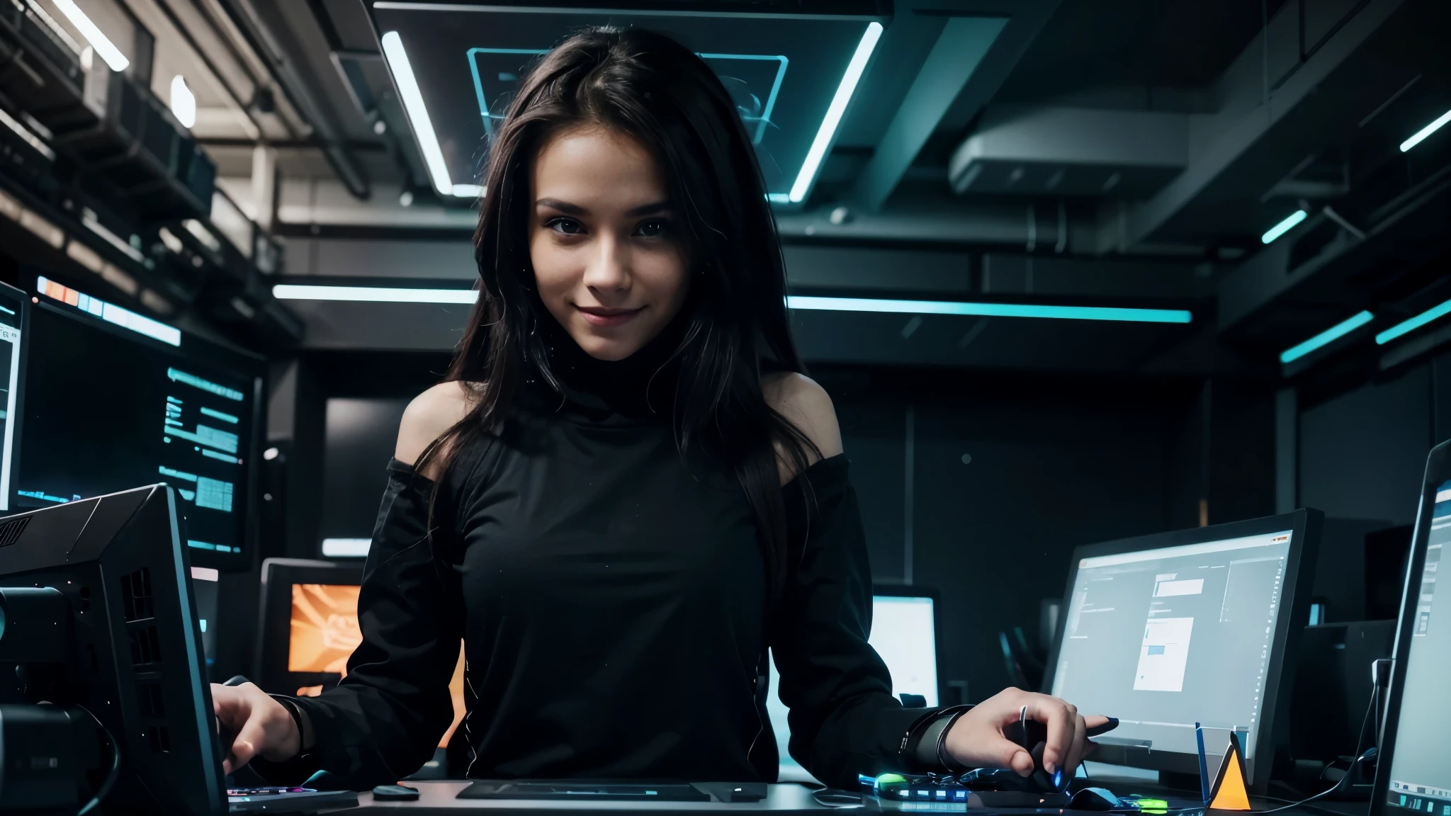 A beautiful hacker with piercing eyes and a mischievous smile, dressed in all black and surrounded by a sea of glowing computer screens, ready to take on the world with her coding skills.

