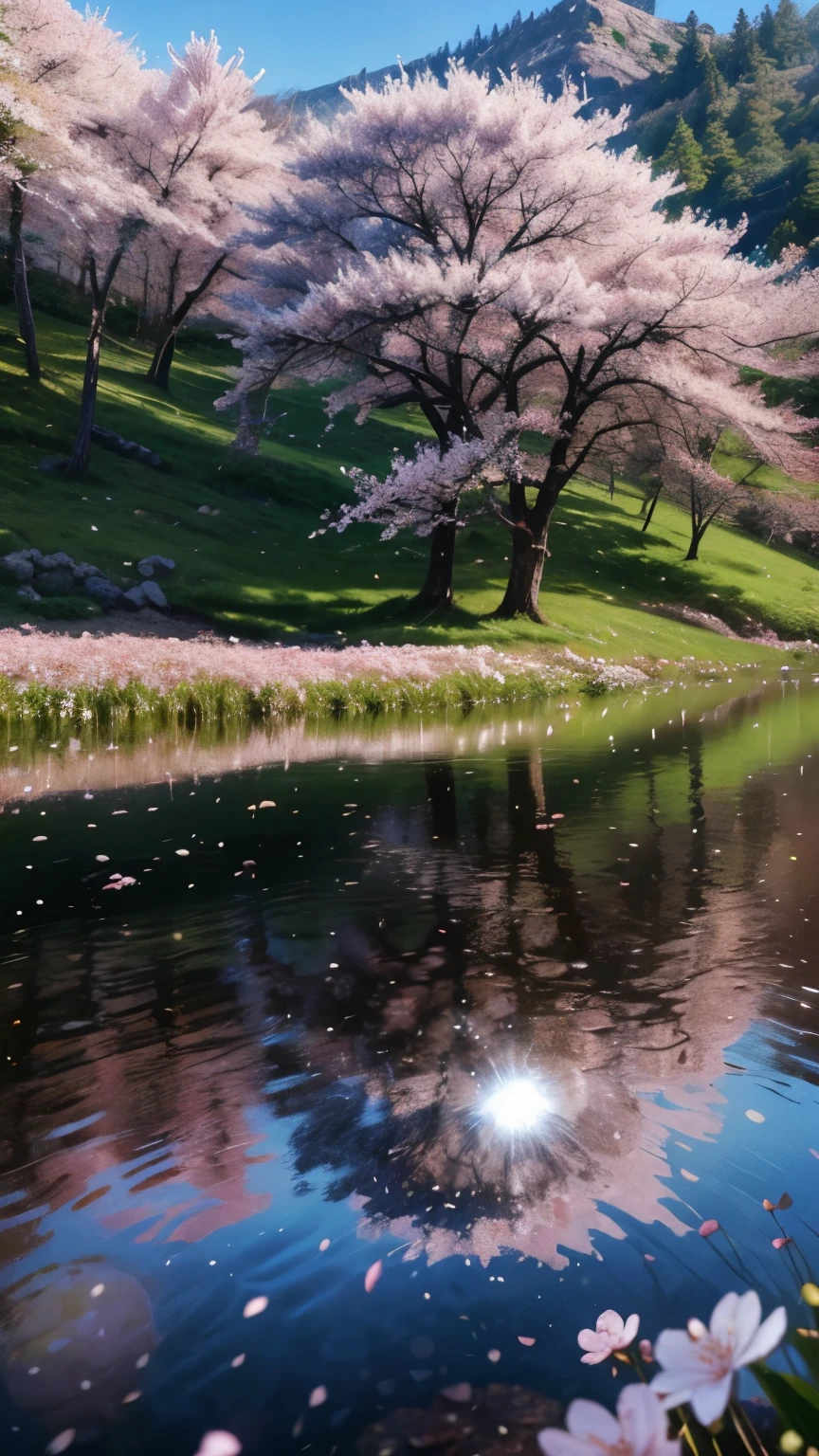 ((LOGO, AMAZING, 8K, TABLETOP, RAW PHOTO, Awesome, Top Quality, Photorealistic and Highly Detailed CG Integrated 8K Wallpaper, High Quality, Highly Detailed, Narrative Verse, Particle Effects, Dynamic Effects, Text Border Depth, Cinematic Light, Lens Flare, Ray Tracing, Tabletop, Real: 1.4, Ultra HD: 1.2, Real, Real)), Fantasy, Anatomically Correct, Wind, Beauty of Mountains and Forests and shine, the world's silence and beauty of the meadow, the vast land, the lakeside, the wonderful scenery, the beautiful natural scenery, the wind, the cherry blossoms, the cherry blossom petals are dancing, the cherry blossom blizzard, the falling petals.