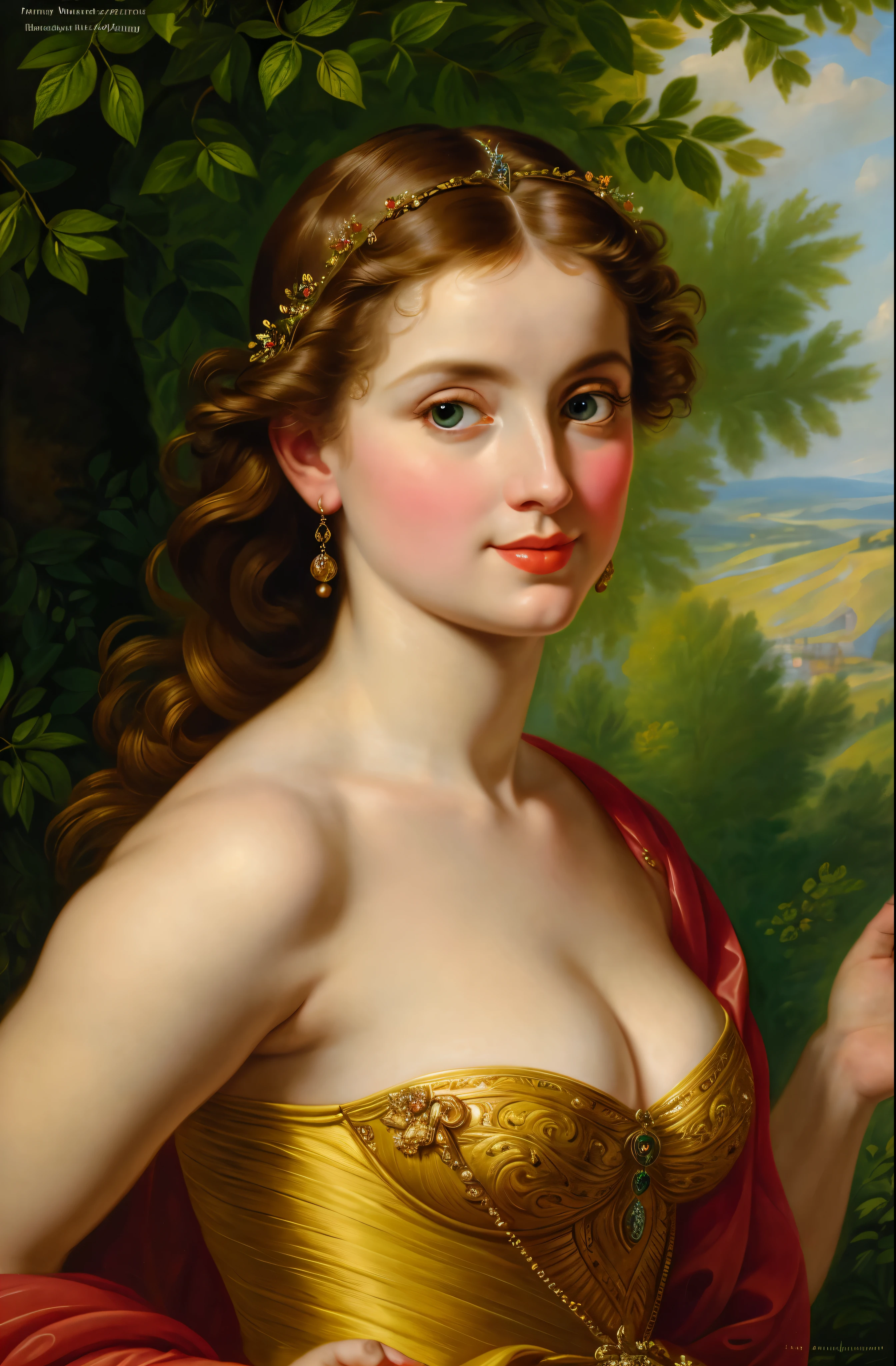 uma pintura de uma mulher com longos cabelos vermelhos e uma folha verde, cabelo realista, fios de cabelo, detalhe fios de cabelo real, realista, ultra detalhado, intrincate details, olhos castanhos com verdes, realista, No estilo de Sandro Botticelli, Afrodite Deusa do Amor, em uma mistura de estilo de botticelli, inspirado em Sandro Botticelli, estilo botticelli, Goddess Venus, Retrato de uma bela deusa, Birth of Venus, Retrato de Afrodite adolescente, Retrato da Deusa