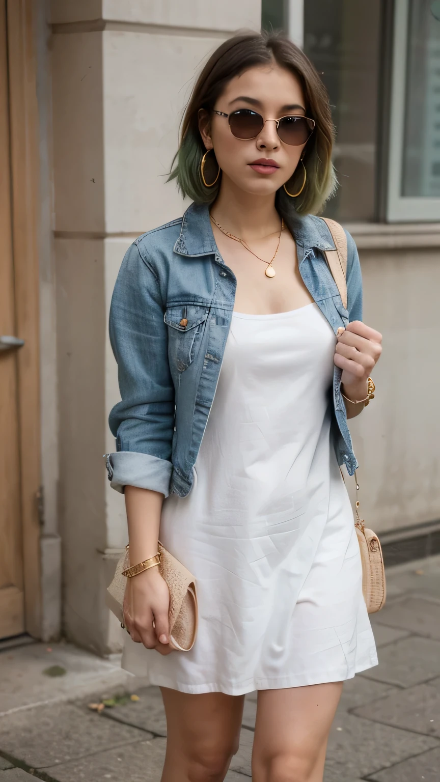 1girls, Nur, green Hair , 24 years old , Powder pink ruffled dress, white sneakers, denim jacket, straw bag, sunglasses, gold earrings and bracelet.