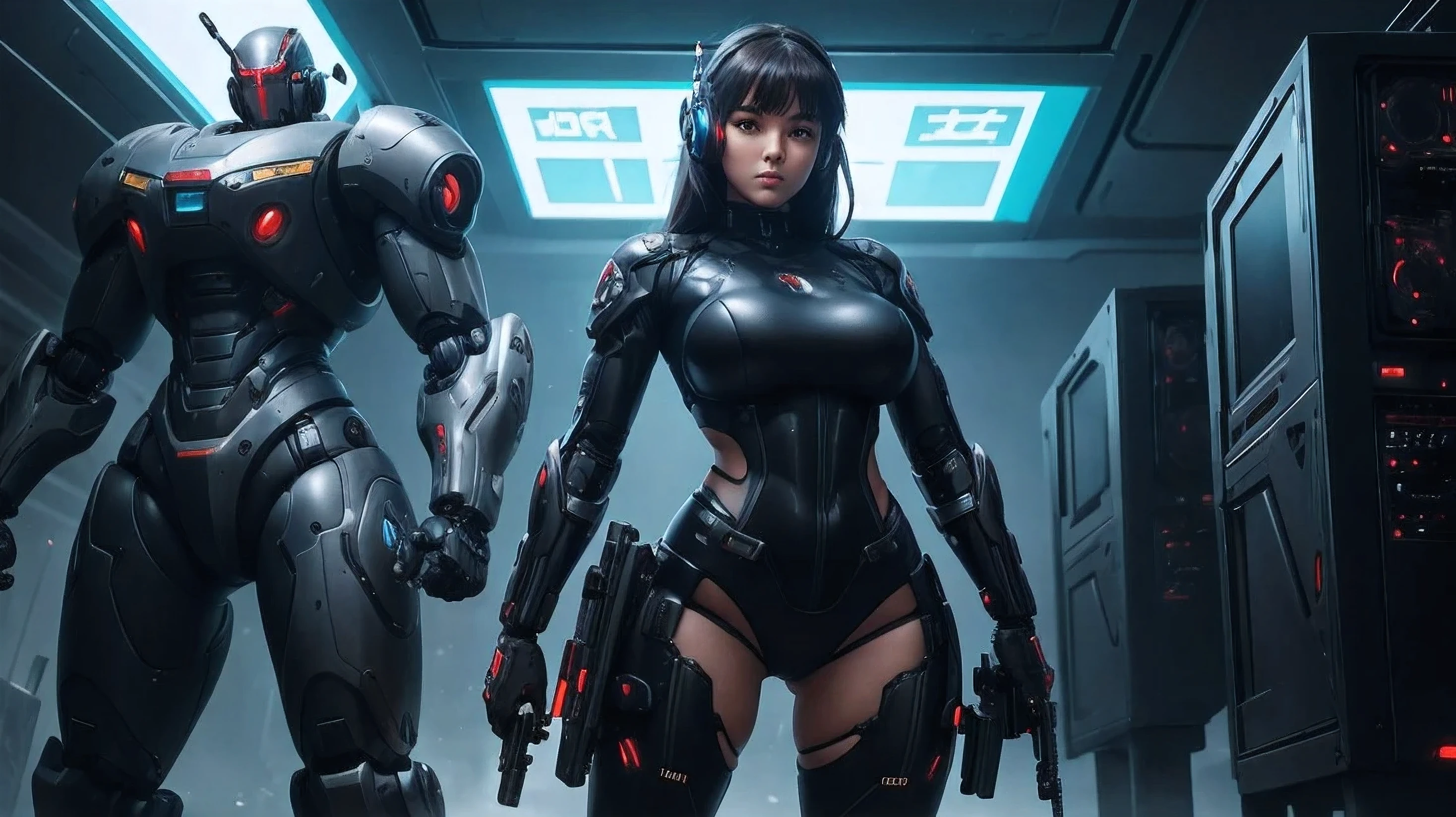 Create an image of big thighs girl with holding gun and wearing robotics suit standing, apocalypse,cyber city, futuristic,gaming