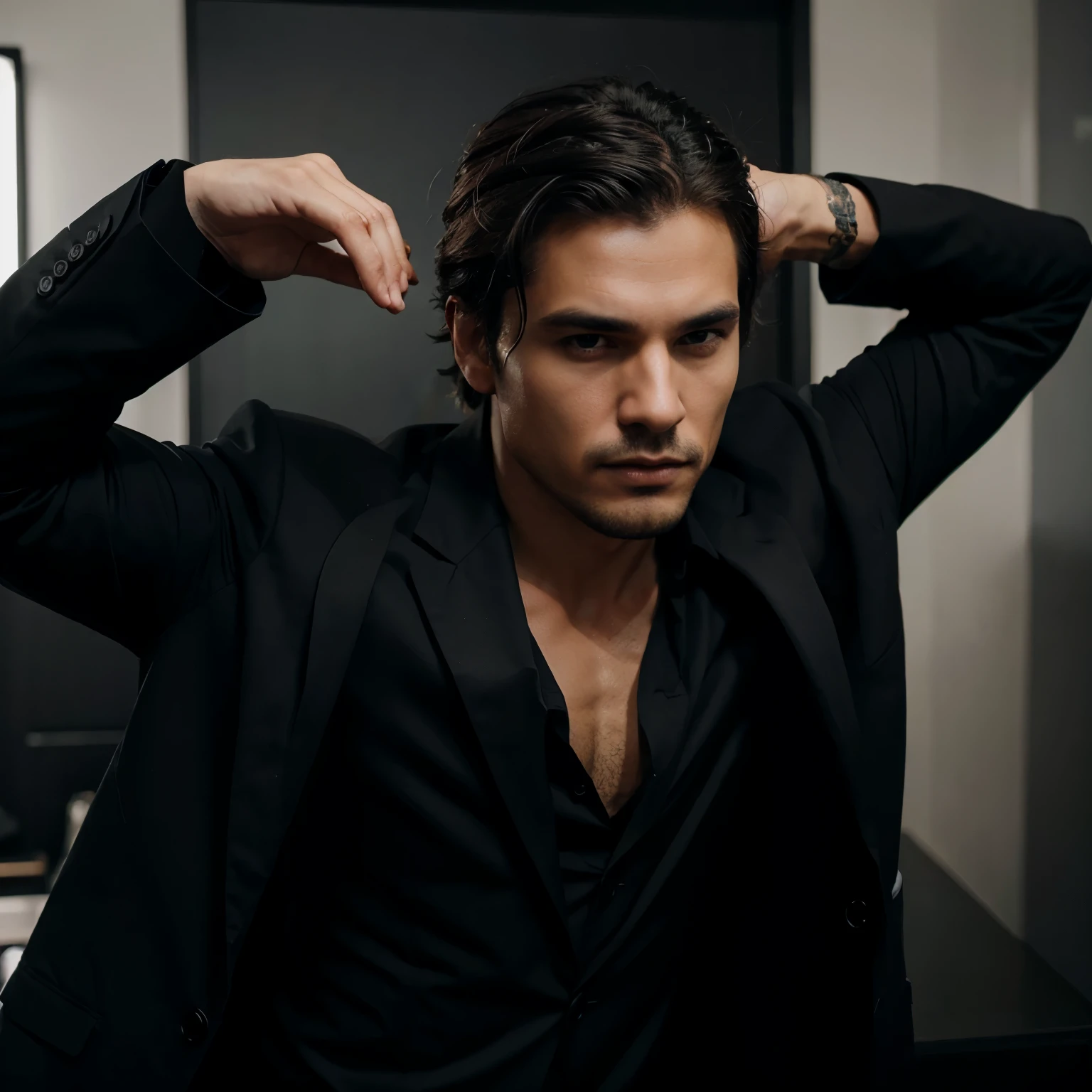 Masculine man in black suit