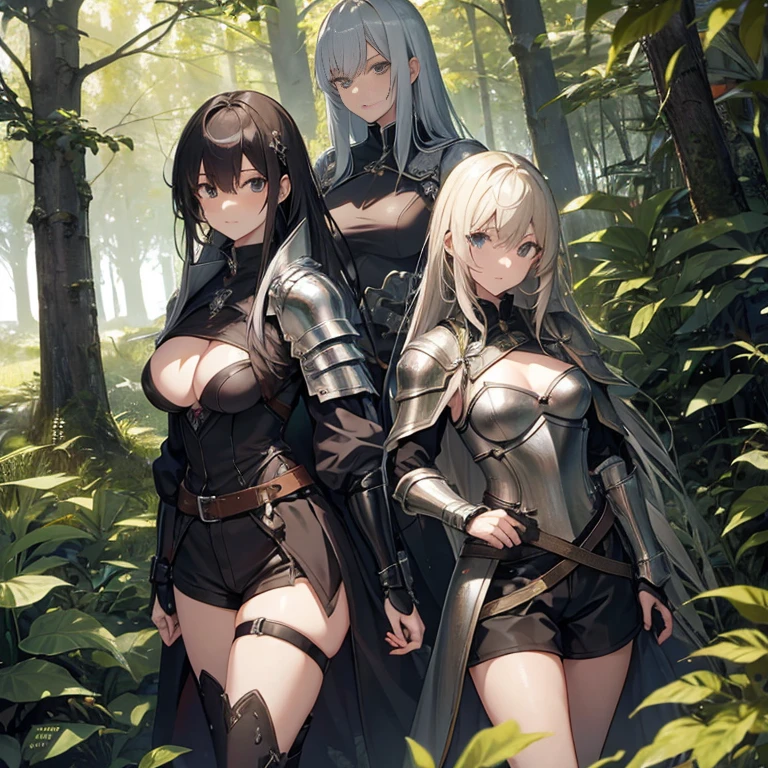 A group of female knights, (in forest), various hair styles, metal armor, harem, shorts, seducing, detailed face