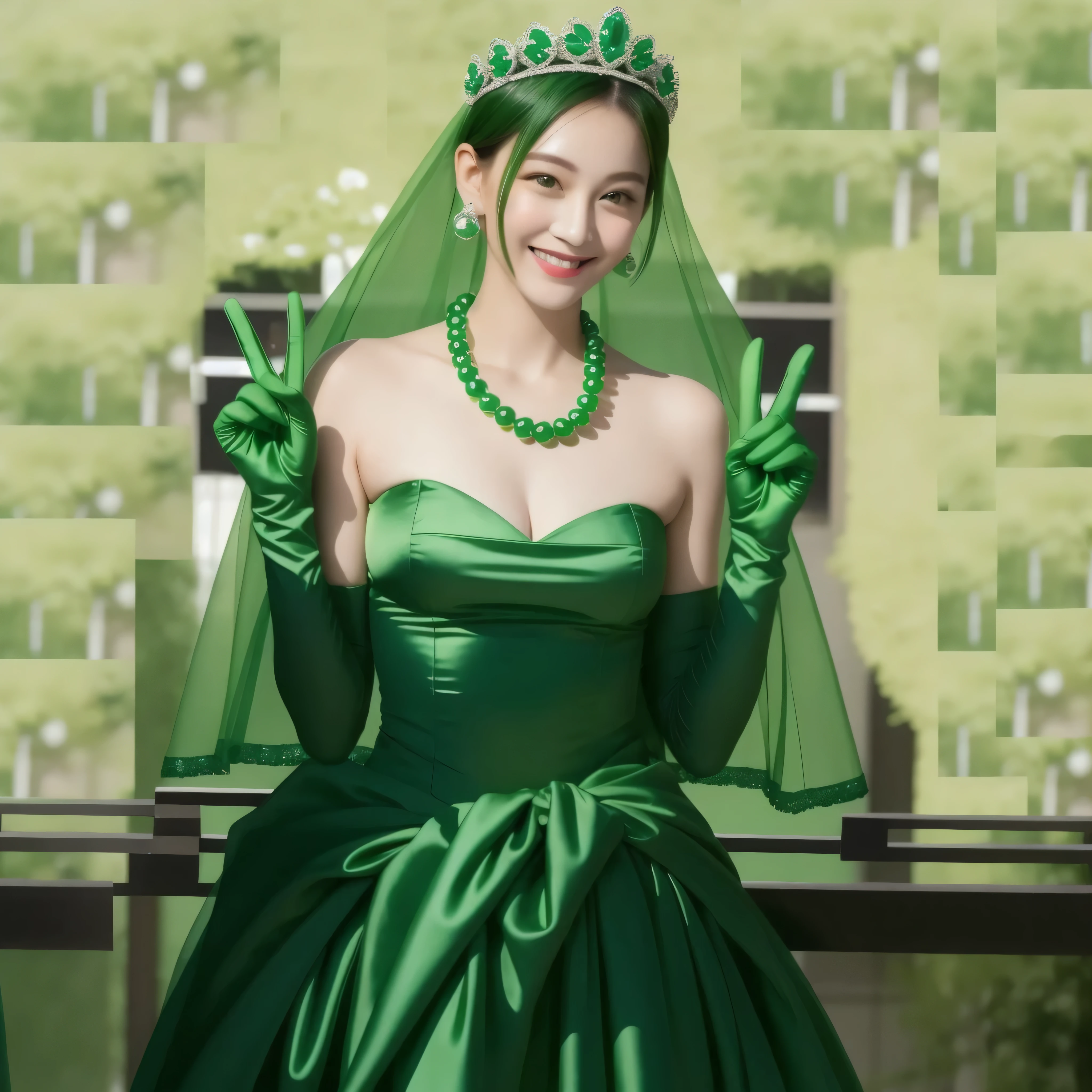 green long elbow satin gloves, emerald tiara, green pearl necklace, Boyish green berry short hair, lipstick, Smiling Japan woman, very short hair, big breasts beautiful, green eyes, Green long gloves made of satin material, green eyes, V sign, emerald earrings, 30 generation women
