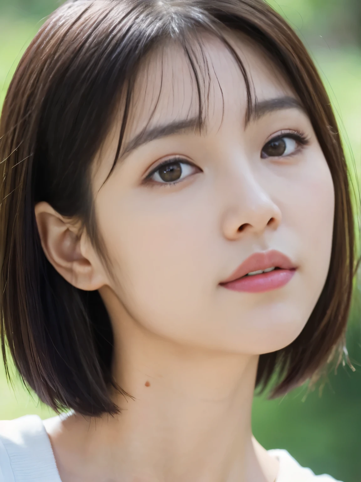((top-quality)),(​masterpiece:1.4),Raw photography,8K,((Top image quality)), ((Top resolution)),Beautiful face in every detail,Very detailed,Gentle expression,(One lady:1.3 ),realisitic,photo realisitic,(Bery short hair:1.4),(Beautiful Women),(cute Japanese girl:1.3),(mannish),((Pretty Woman)),(Beautiful hair),((dark brown  hair)),(((Red cheeks))),((Her eyes are big)),20-year-old beauty,(her face is small:1.7),small head,((long neck)),pale skin,Spot-free skin,With bangs,Everyone longs for,Japanese Beautiful Women,(eight heads tall),((skinny )),face focus , leaning forward ,arched back, from above ,selfie , detailed philtrum, translucent skin, crooked nose, smile wide thin lips