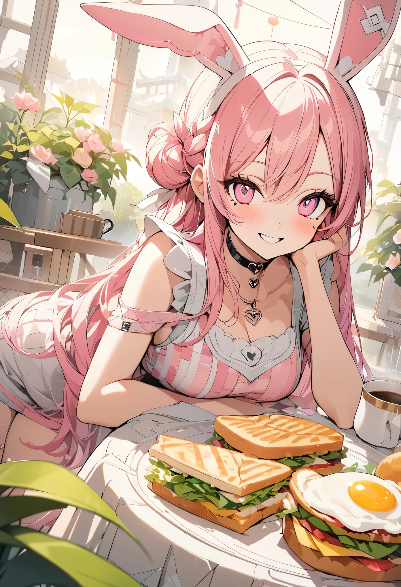 1 girl, pink long hair, heart shaped eyes,Bunny ears, {Pink semi-long hairの女の子、 The name Nami}, (Pink eye color), {breakfast、fried egg、sandwich、coffee}, (smile), bright background , mole under eye, heart shaped choker, (masterpiece, highest quality), very detailed, highest quality, official art, beautiful and aesthetic: 1.2), (1 girl), very detailed, (geometry art: 1.3), colorful, most detailed ?d1 girl, Pink semi-long hair, Eye of the symbol, {A girl with long pink bun hair The name Nami}, (Pink eye color), {breakfast、fried egg、sandwich、coffee}, (smile), bright background, (garden,beautiful flower々),mole under eye, heart shaped choker, (masterpiece, highest quality), official art, beautiful and aesthetic: 1.2), (1 girl), very detailed, (geometry art: 1.3), colorful