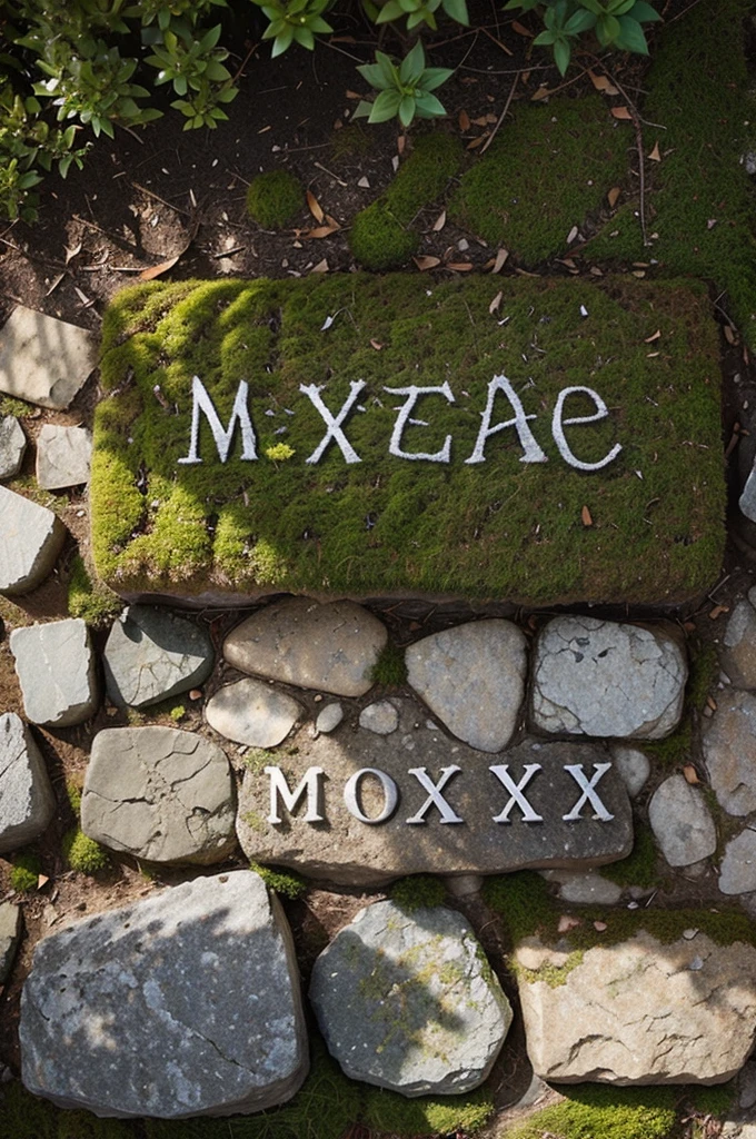 create a flat wall of stones with the word written on it "MOX" made from moss
