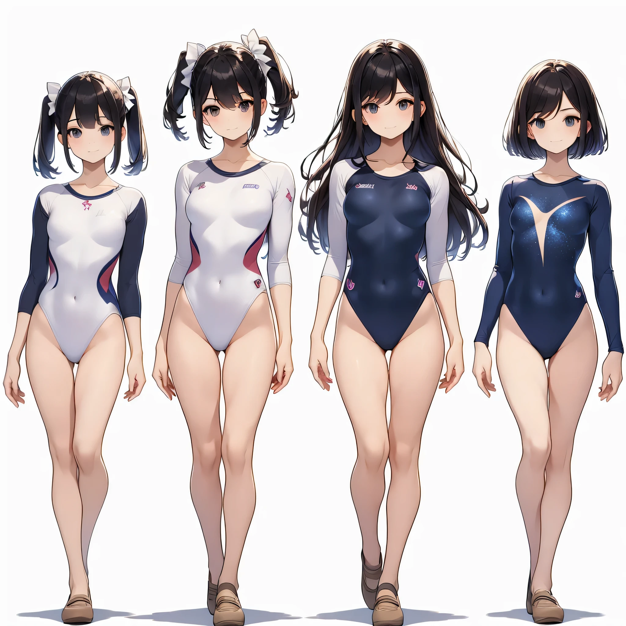 ((full body)),(masterpiece, best quality), (3 girls1.5) ,((Contrapposto:1.5)), looking at viewer, walking,((v_arms:1.2)), （wearing gymnastics_longsleeves_leotard_outfit leotard:1.3),(blue leotard) ,(galaxy print:1.3), BREAK masterpiece black hair, ((long hair:1.2)), ((parted bangs:1.3)), black eyes, good hand, ((small breasts)), (over 20 years old, under 25 years old:1.2), , spotlight, happy, smile, BREAK in the class room
