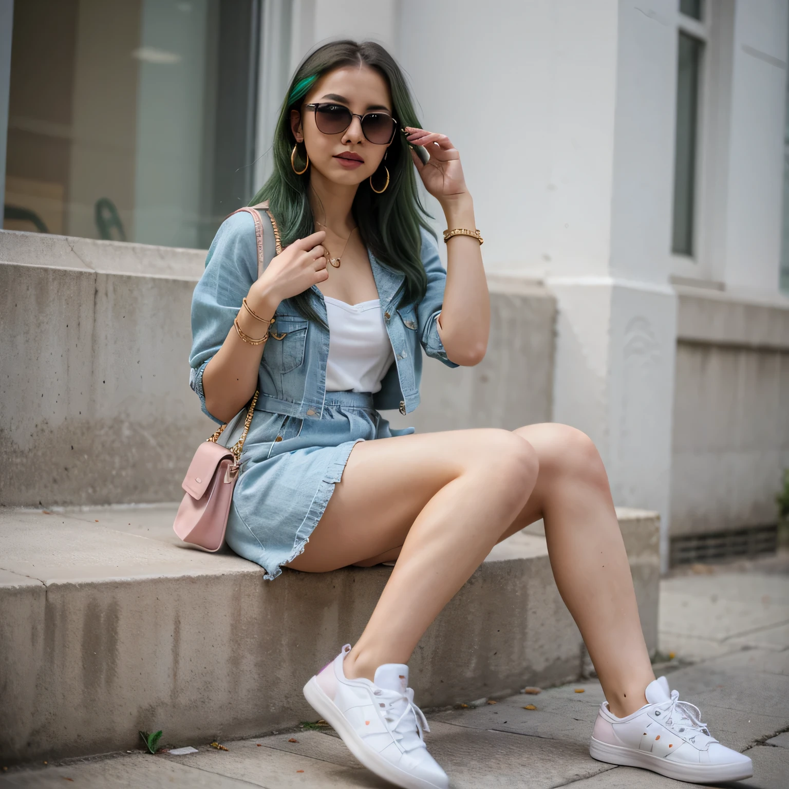 1girls, Nur, green Hair , 24 years old , Powder pink ruffled dress, white sneakers, denim jacket, straw bag, sunglasses, gold earrings and bracelet.