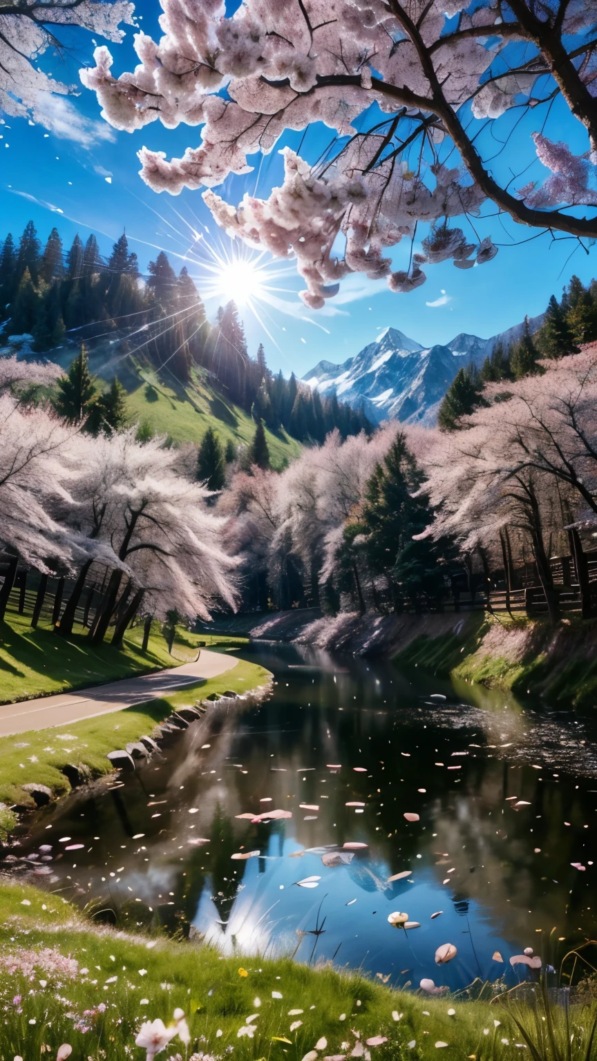 ((LOGO, AMAZING, 8K, TABLETOP, RAW PHOTO, Awesome, Top Quality, Photorealistic and Highly Detailed CG Integrated 8K Wallpaper, High Quality, Highly Detailed, Narrative Verse, Particle Effects, Dynamic Effects, Text Border Depth, Cinematic Light, Lens Flare, Ray Tracing, Tabletop, Real: 1.4, Ultra HD: 1.2, Real, Real)), Fantasy, Anatomically Correct, Wind, Beauty of Mountains and Forests and shine, the world's silence and beauty of the meadow, the vast land, the lakeside, the wonderful scenery, the beautiful natural scenery, the wind, the cherry blossoms, the cherry blossom petals are dancing, the cherry blossom blizzard, the falling petals.