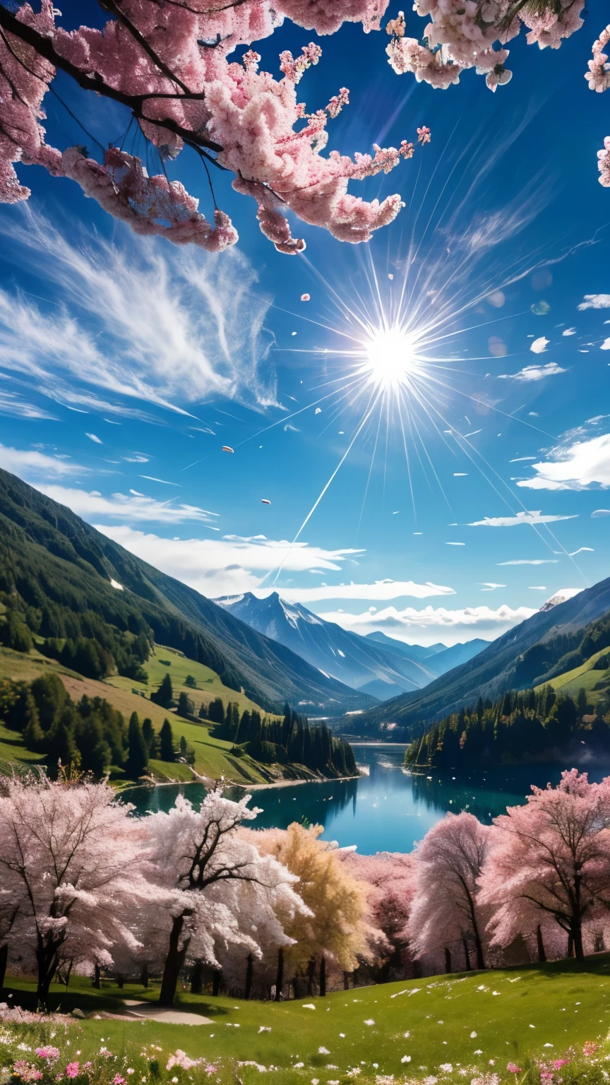 ((LOGO, AMAZING, 8K, TABLETOP, RAW PHOTO, Awesome, Top Quality, Photorealistic and Highly Detailed CG Integrated 8K Wallpaper, High Quality, Highly Detailed, Narrative Verse, Particle Effects, Dynamic Effects, Text Border Depth, Cinematic Light, Lens Flare, Ray Tracing, Tabletop, Real: 1.4, Ultra HD: 1.2, Real, Real)), Fantasy, Anatomically Correct, Wind, Beauty of Mountains and Forests and shine, the world's silence and beauty of the meadow, the vast land, the lakeside, the wonderful scenery, the beautiful natural scenery, the wind, the cherry blossoms, the cherry blossom petals are dancing, the cherry blossom blizzard, the falling petals.