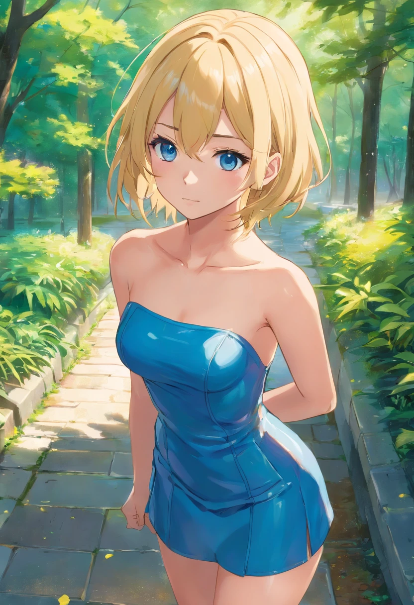 ((Best Quality, 8K)), 1 Girl, Photoreality (1.4)), Raw Photo, Slim, (Hairstyle Short, Small), Dress: 1.1, Super Slender Face, Delicate Eyes, Blue Eyes, Double Eyelids, Smile, Outside, Blonde: 1.2, Gal