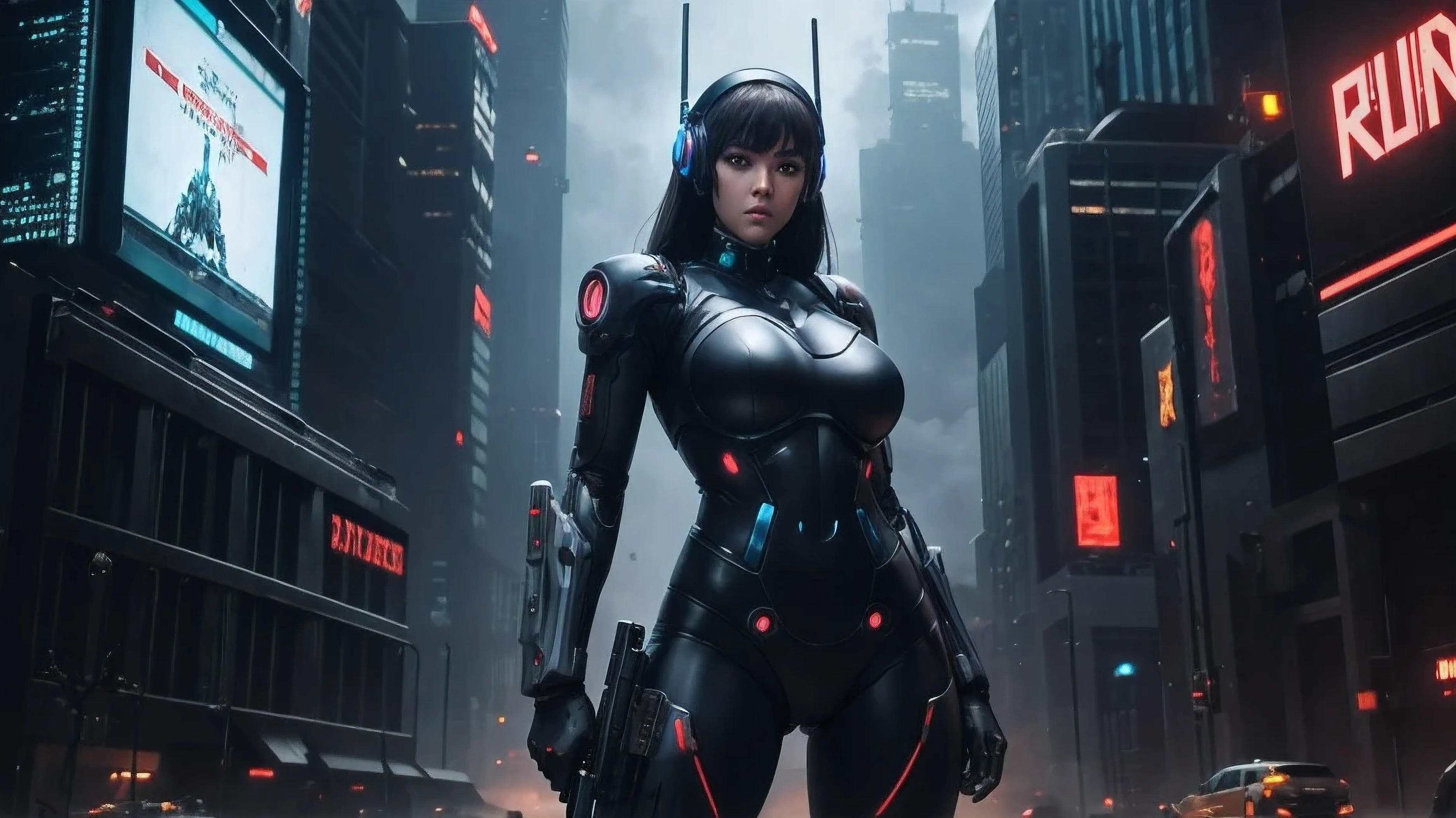 Create an image of big thighs girl with holding gun and wearing robotics suit standing, apocalypse,cyber city, futuristic,gaming, fighting with enemy 